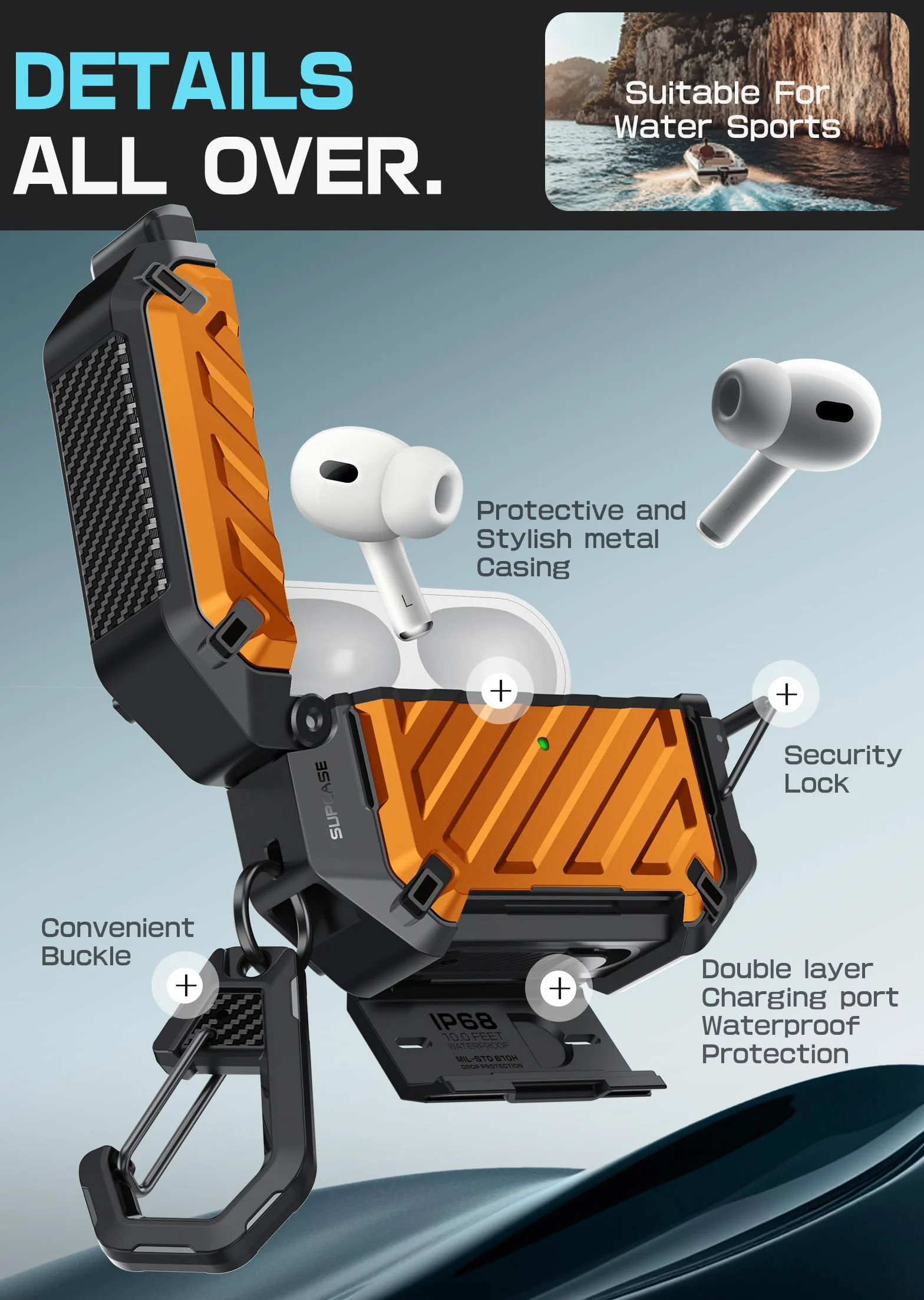 SUPCASE Etui do AirPods Pro 3 (wersja 2025) z zamkiem i karabińczykiem (Unicorn Beetle Pro), [wodoodporność IP68] [ochrona klasy wojskowej] [obsługuje bezprzewodowe ładowanie] twarda obudowa (koralowa