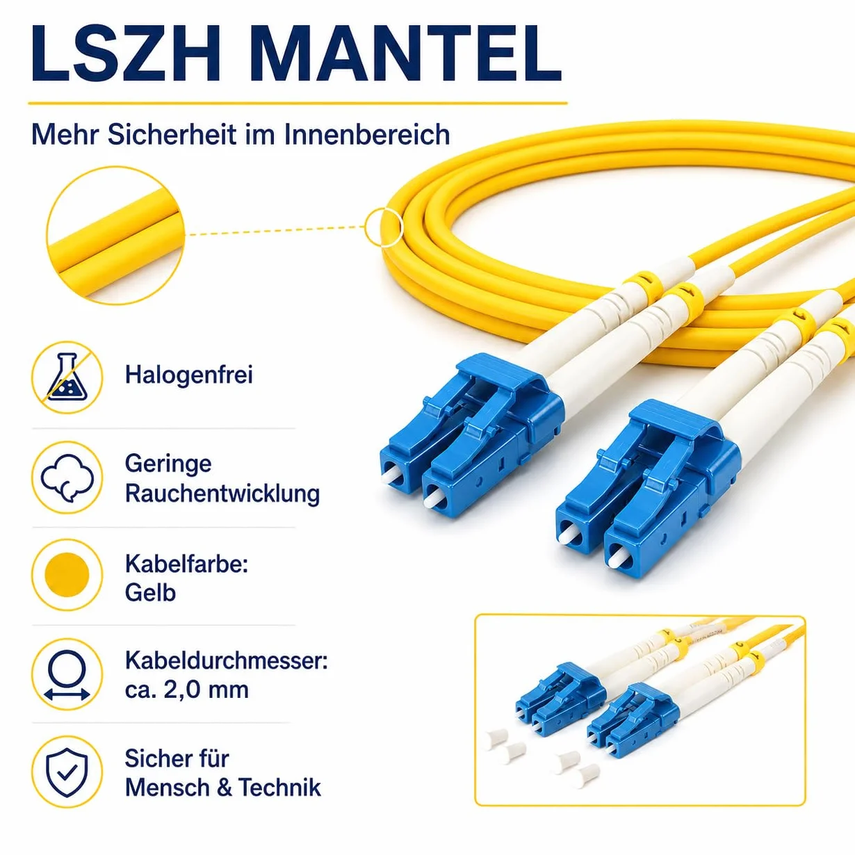 1aTTack.de 1 x 20 m OS1 / OS2 LWL DX DUPLEX kabel krosowy LC/UPC - LC/UPC SM SINGLEMODE - 9/125 µm LSZH żółty