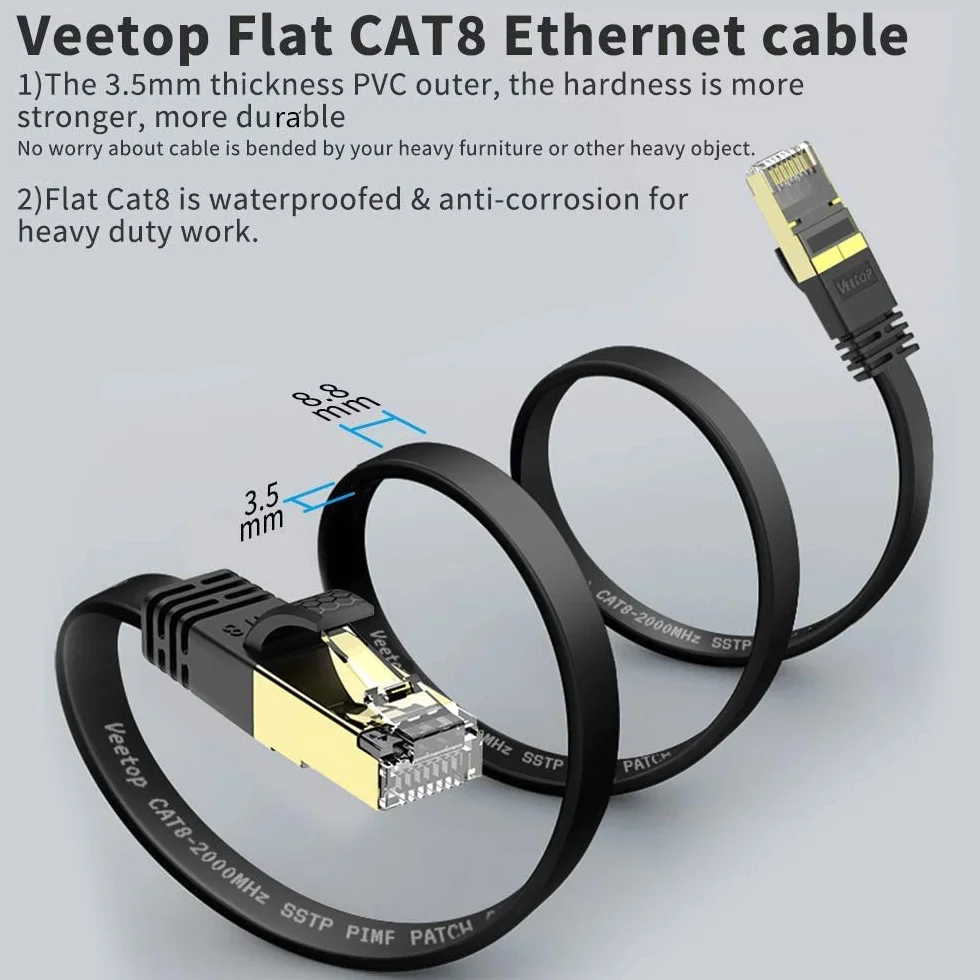 Veetop Płaski kabel Ethernet Kategorii 8, Kabel Sieciowy z Pozłacanymi Złączami - Kabel LAN High Speed 40 Gigabit/s - 2000 MHz 2m czarny