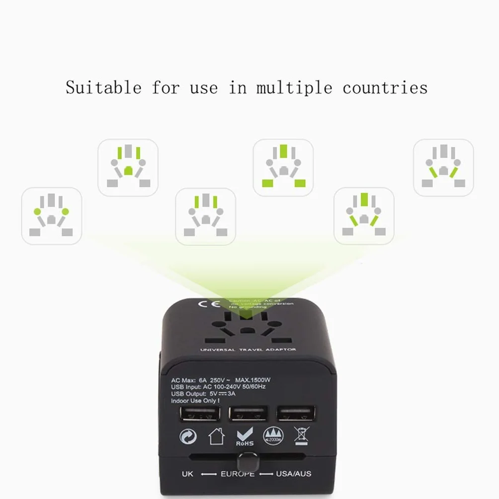 Światowy adapter, 3 Usb. Portsy, adapter uniwersalny, uniwersalny adapter podróży dla Europy, Wielka Brytania, Chiny, Australia, 224 kraje (Color : A, Rozmiar : 5.1 * 6.1 * 5.7cm)