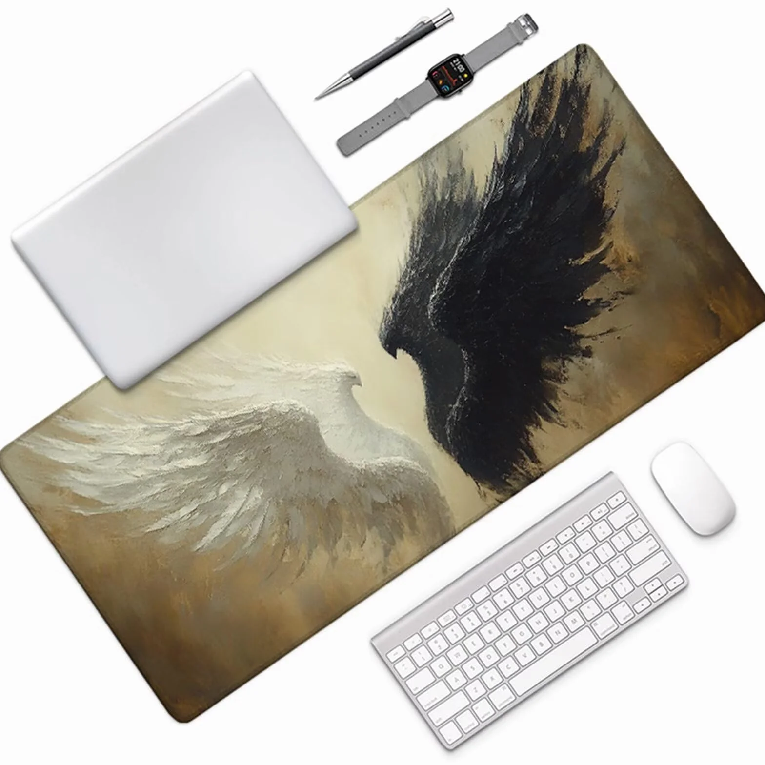Skrzydło podkładka pod mysz, duża, czarna podkładka pod mysz do gier, 163 x 81 cm, podkładka na biurko z przeszytą krawędzią, podkładka pod mysz XXL, antypoślizgowa gumowa podstawa, akcesoria biurowe