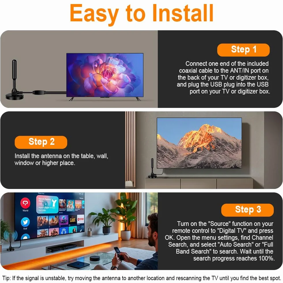 Najnowsza antena HDTV, przenośna antena cyfrowa HD z podstawą magnetyczną, wewnętrzna antena telewizyjna do Smart TV, antena DVB-T/T2, do transmisji Freeview i DAB, kabel koncentryczny 16,5 m