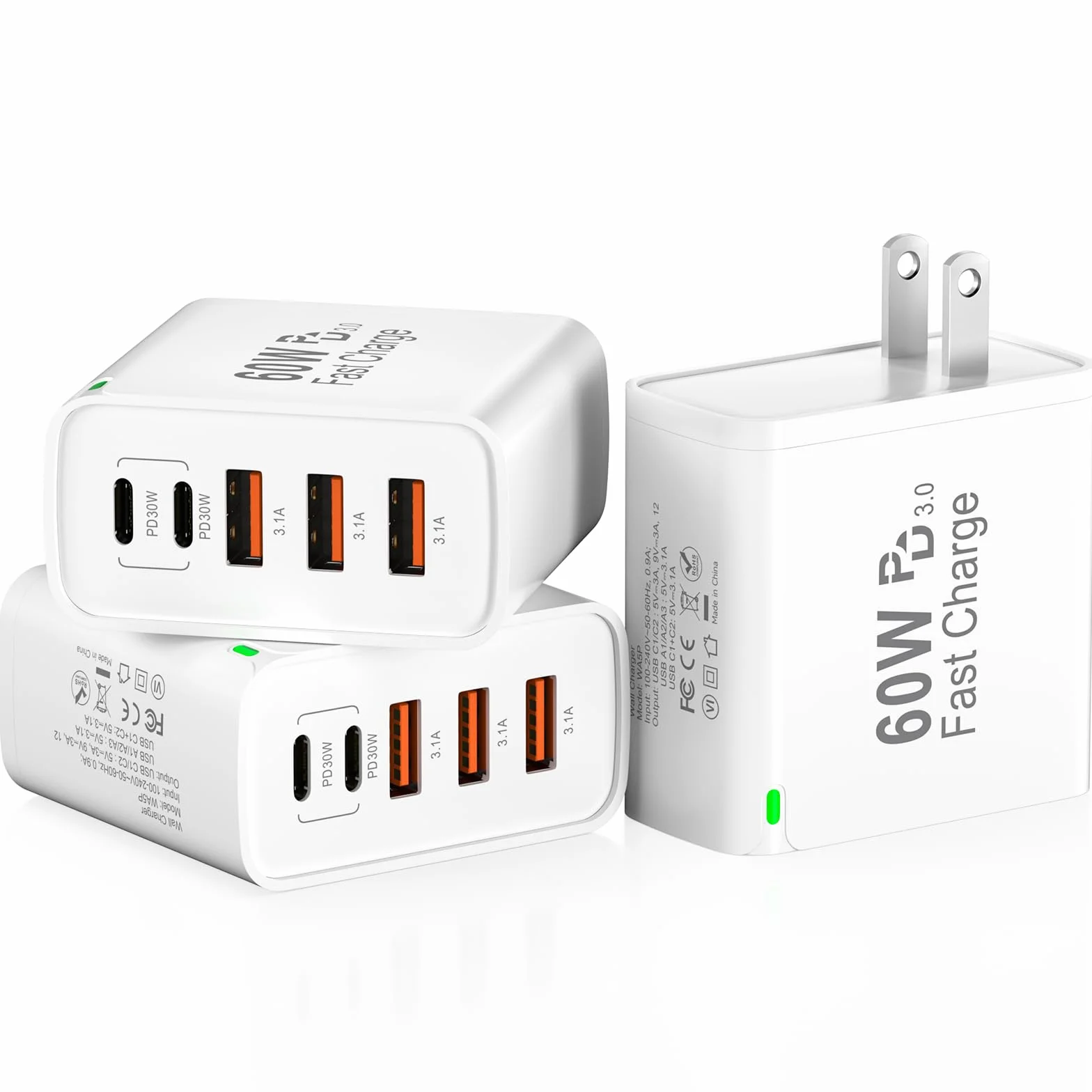 Blok szybkiej ładowarki USB C, 60 W, 5-portowa ładowarka ścienna USB C, 30 W, blok ładowania typu C, 2 USB C+3USB A PPS/PD 3.0 wieloportowa kostka ładująca do iPhone'a 16 15 14 13 Pro Max, do Galaxy
