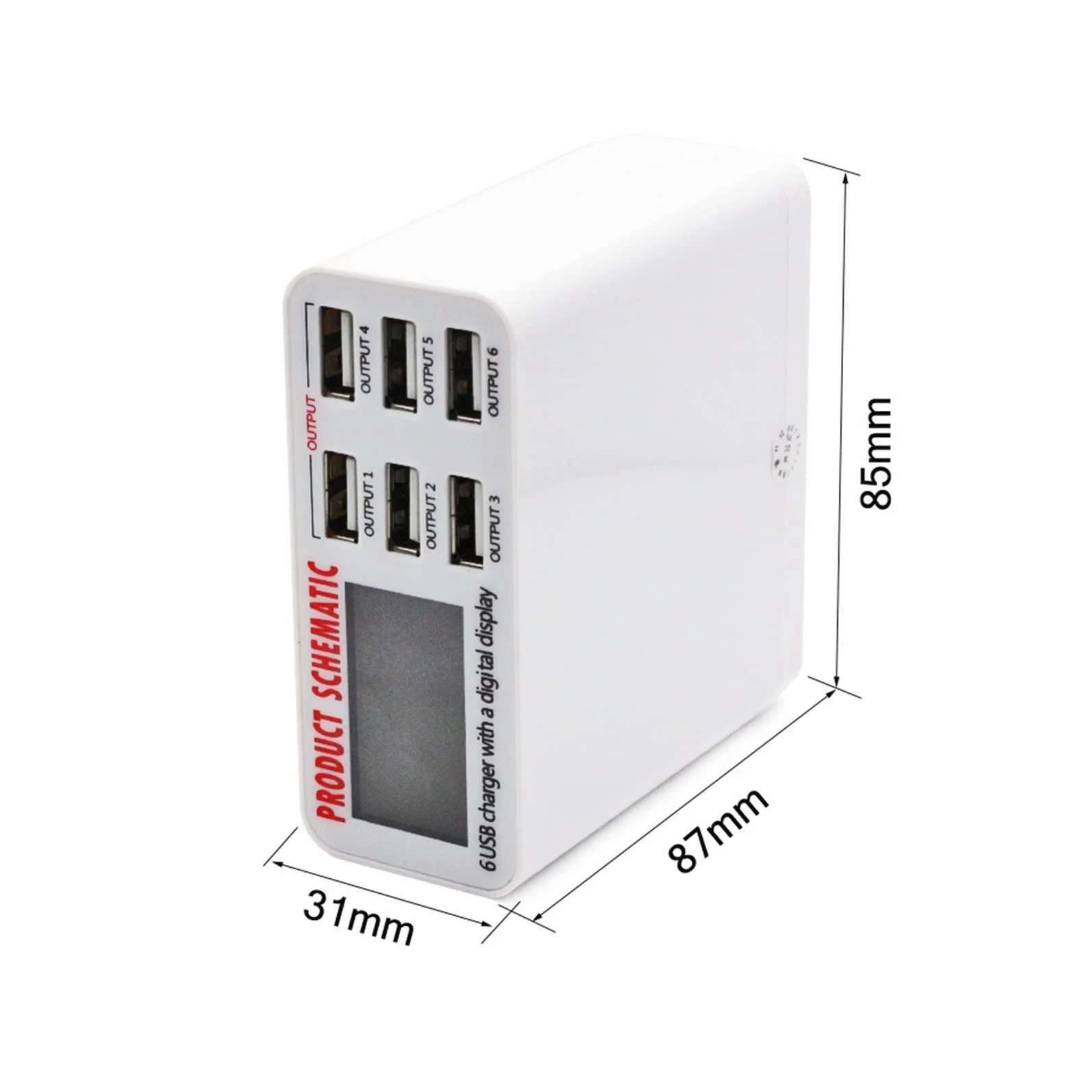 Ładowarka USB, 6A z cyfrowym wyświetlaczem LCD 6-portowa szybka inteligentna stacja ładująca do tabletów telefonicznych smartfonów, użytku w biurze domowym Przenośny(896)