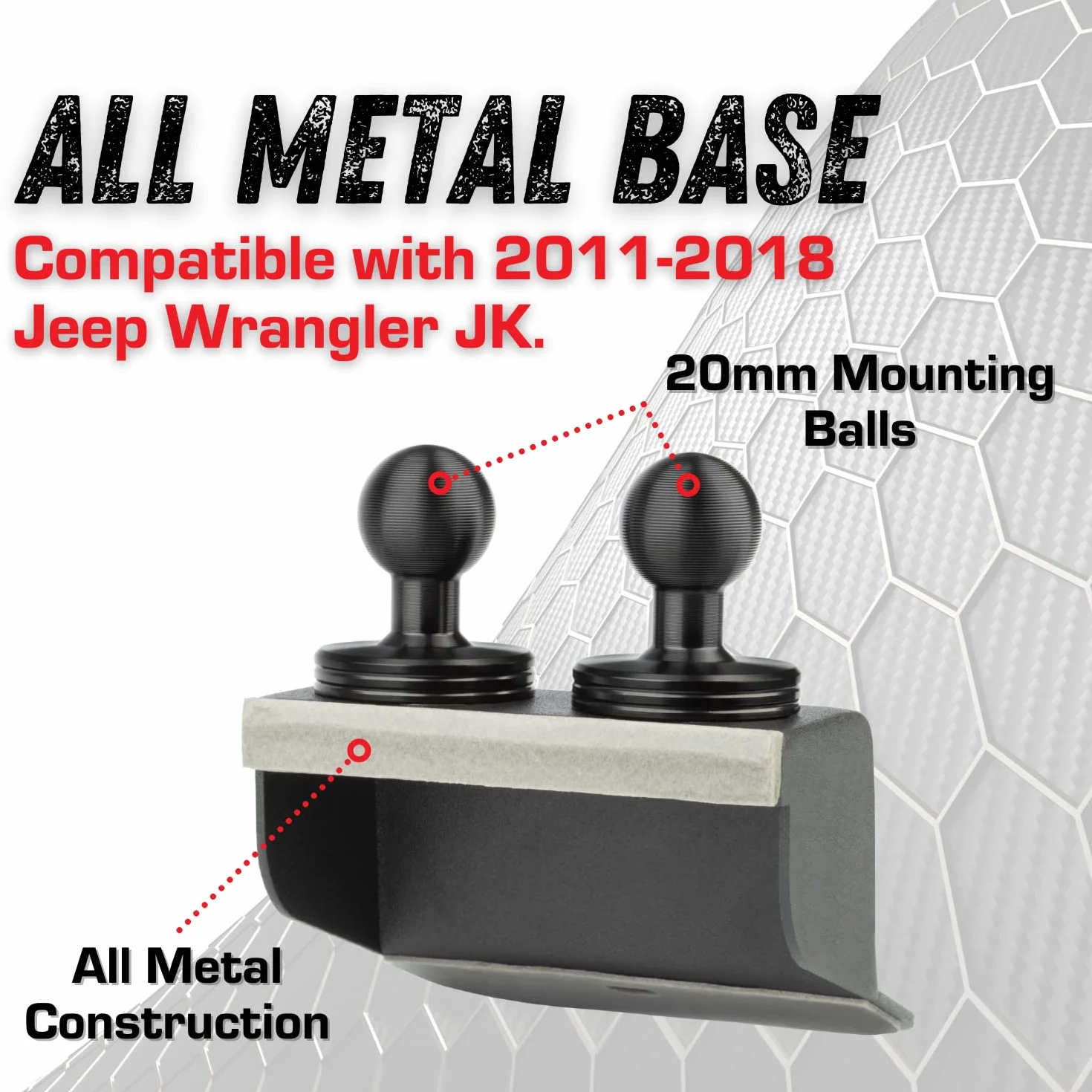 Uchwyt kulowy na deskę rozdzielczą kompatybilny z Jeep Wrangler JK JKU 2011-2018 uchwyt kulowy 20 mm (podwójna kula, metalowa podstawa z uchwytem na telefon + uchwyt na kamerę sportową)