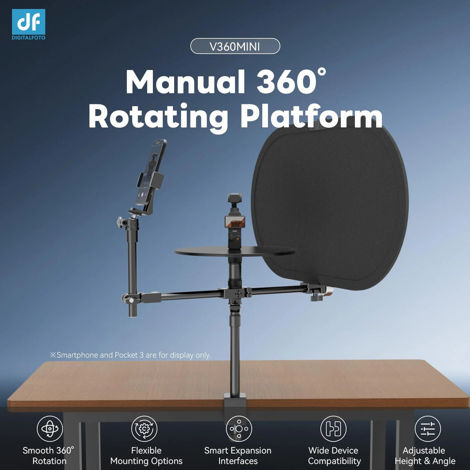 Obrotowa platforma o 360° z tłem, modułowy stół obrotowy do wideo i fotografii produktów, płynny obrót z podwójnym łożyskiem, do smartfonów, lustrzanek cyfrowych i lustrzanek, 5 kg – V360MINI