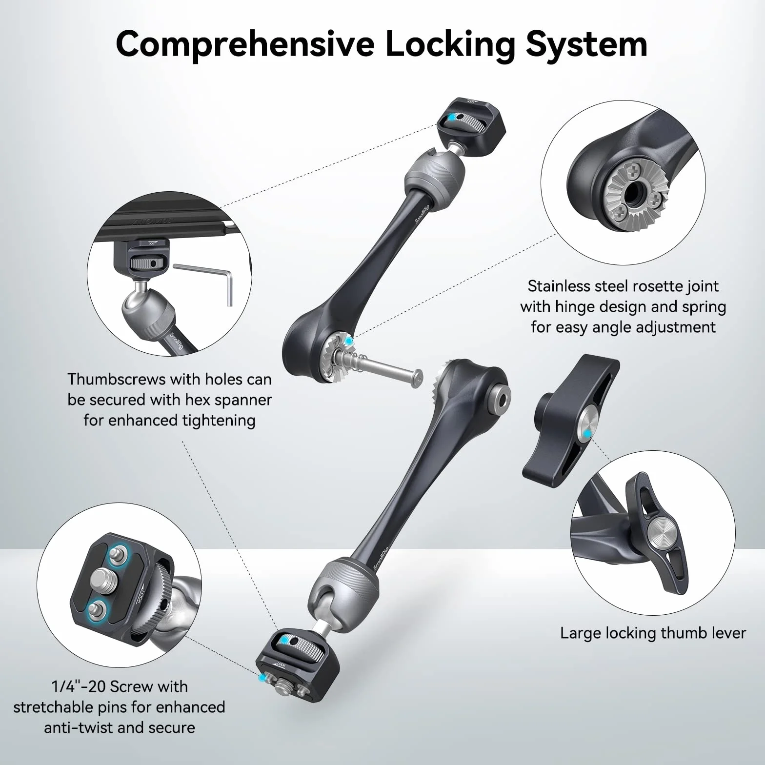 SMALLRIG Rosette Magic Arm 11 cali z głowicą kulową, śrubami 1/4"-20 i kołkami zabezpieczającymi przed przekręceniem, do iPadów/monitorów/świateł LED/smartfonów/kamer sportowych - 3959
