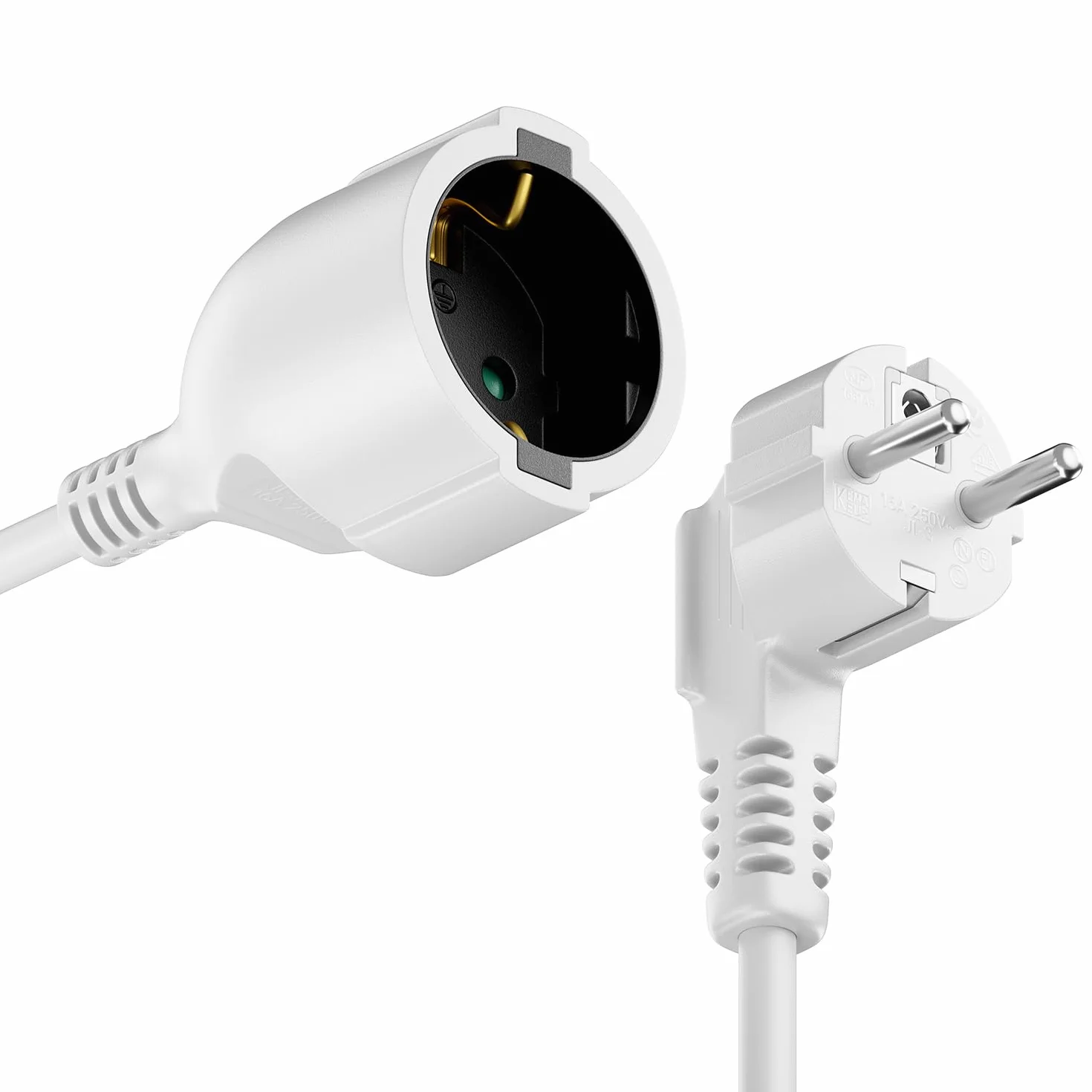 deleyCON 3,0m Kabel Przedłużający Zasilający, Wtyczka z Bolcem Typ F (CEE 7/7) 90° Kątowa na Gniazdo (CEE 7/3), Ochrona Przed Dotykiem, TV PC Komputer Projektor - Biały