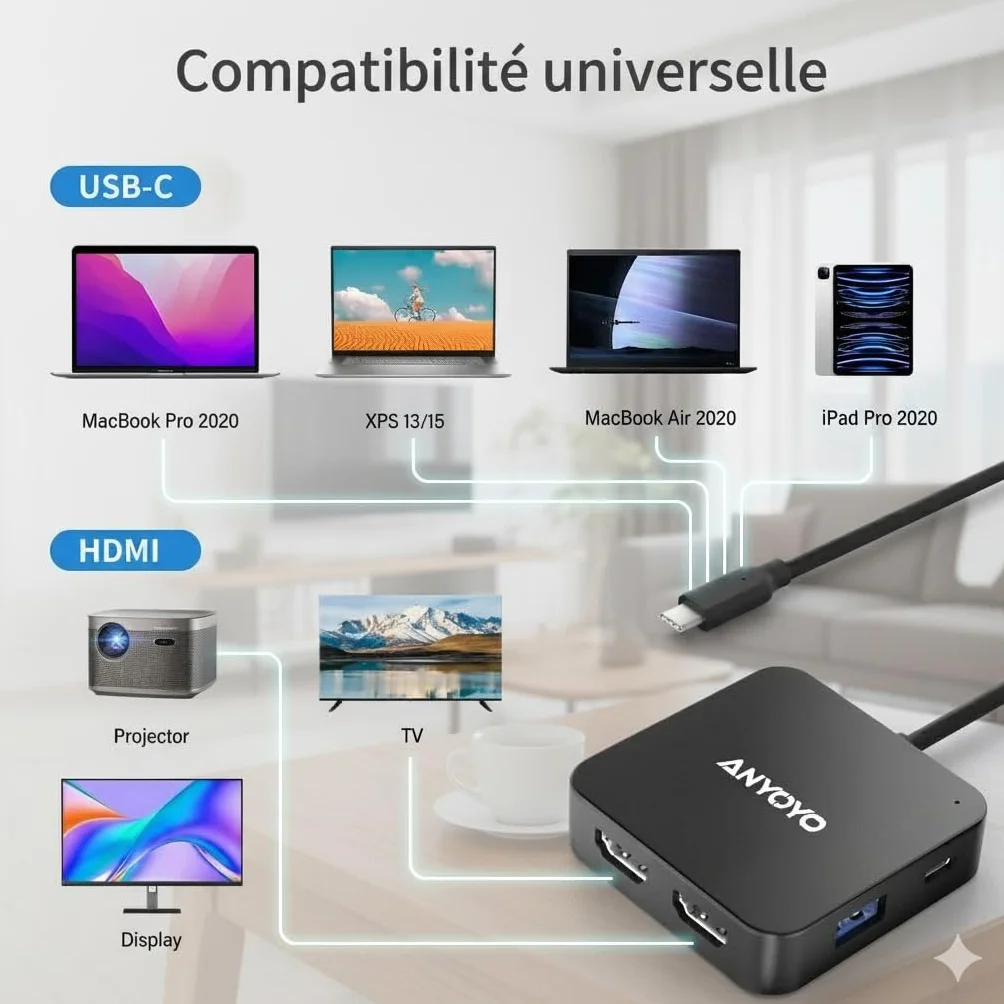 Anyoyo Stacja dokująca USB C Dual HDMI 4K 60 Hz, koncentrator z długim kablem 60 cm do biura, stacja dokująca 6 w 1 PD 100 W, 2 USB 3.0, wieloportowy adapter typu C do MacBook Air/Pro M1 M2 M3, Dell