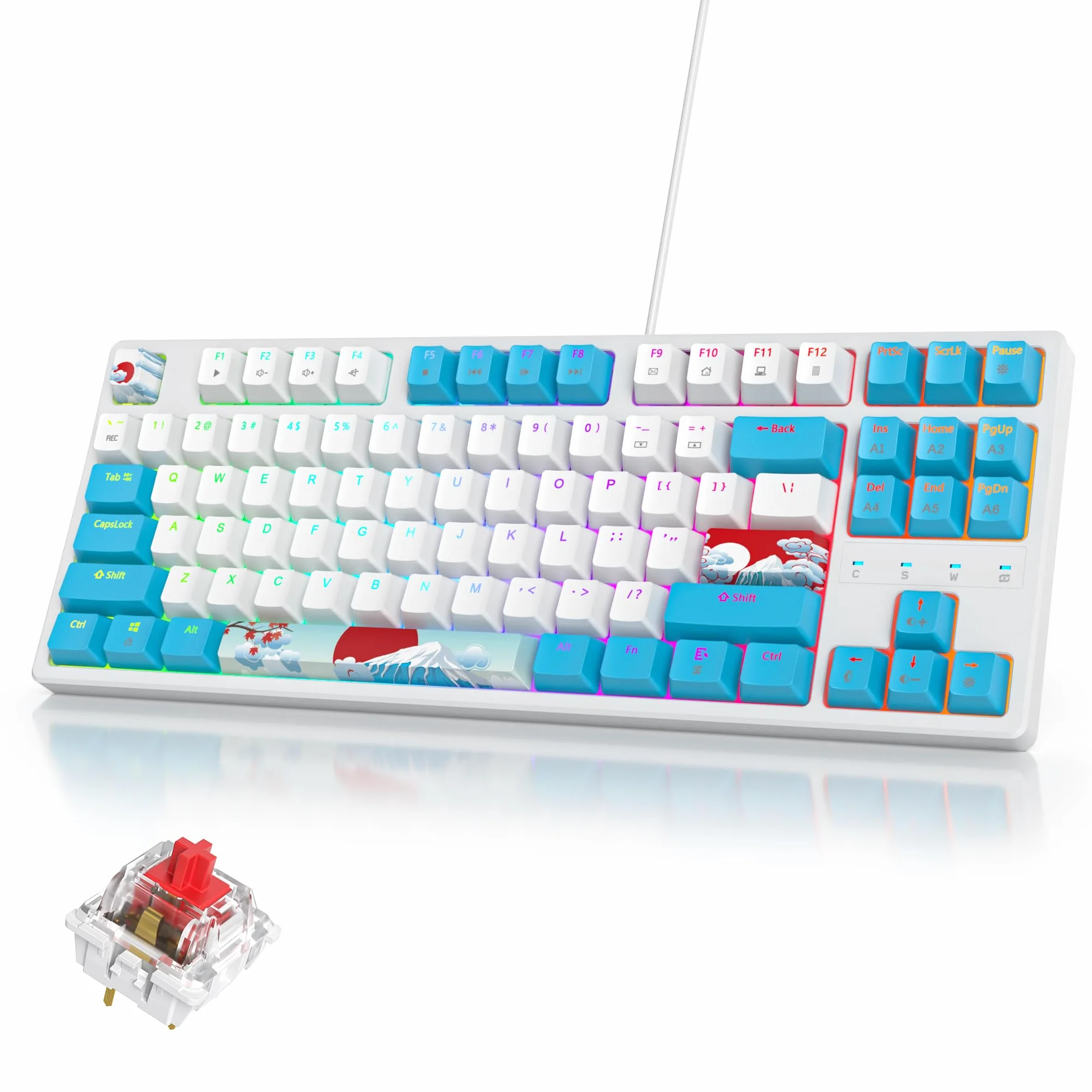 SOLIDEE Przenośna klawiatura mechaniczna do gier 80%,87 klawiszy kompaktowa klawiatura przewodowa z podświetleniem RGB,klawiatura biurowa z przełącznikami liniowymi czerwonymi dla(87 Sea)