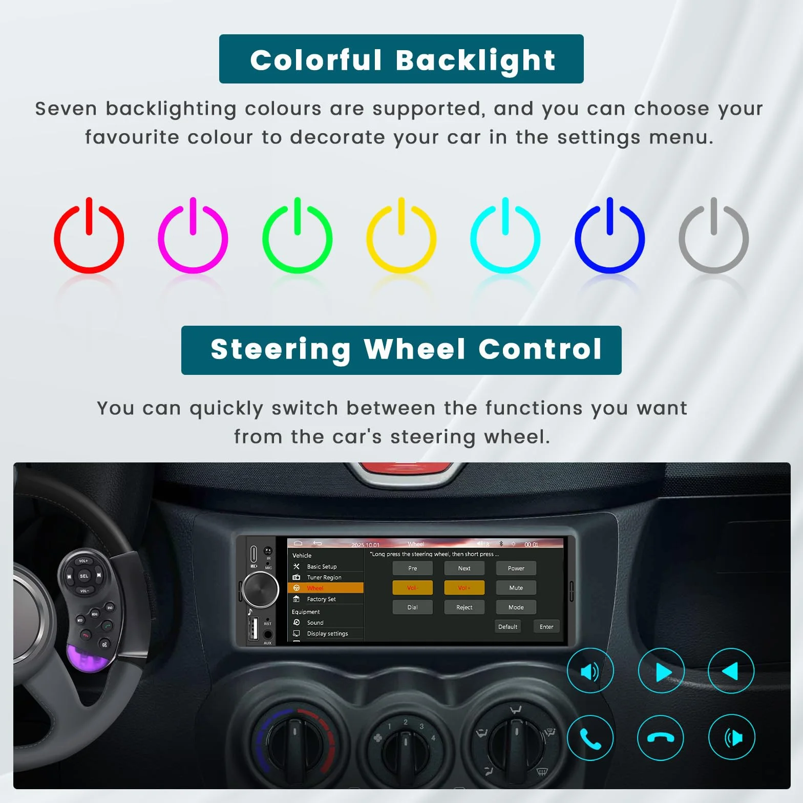 Hikity Radio samochodowe Bluetooth 1 DIN z bezprzewodowym Carplay Android Auto, 1 Din Radio z ekranem dotykowym 6,28", Lien Miroir, radio FM, typ C, 2USB, SWC, EQ, kamera cofania, MIC