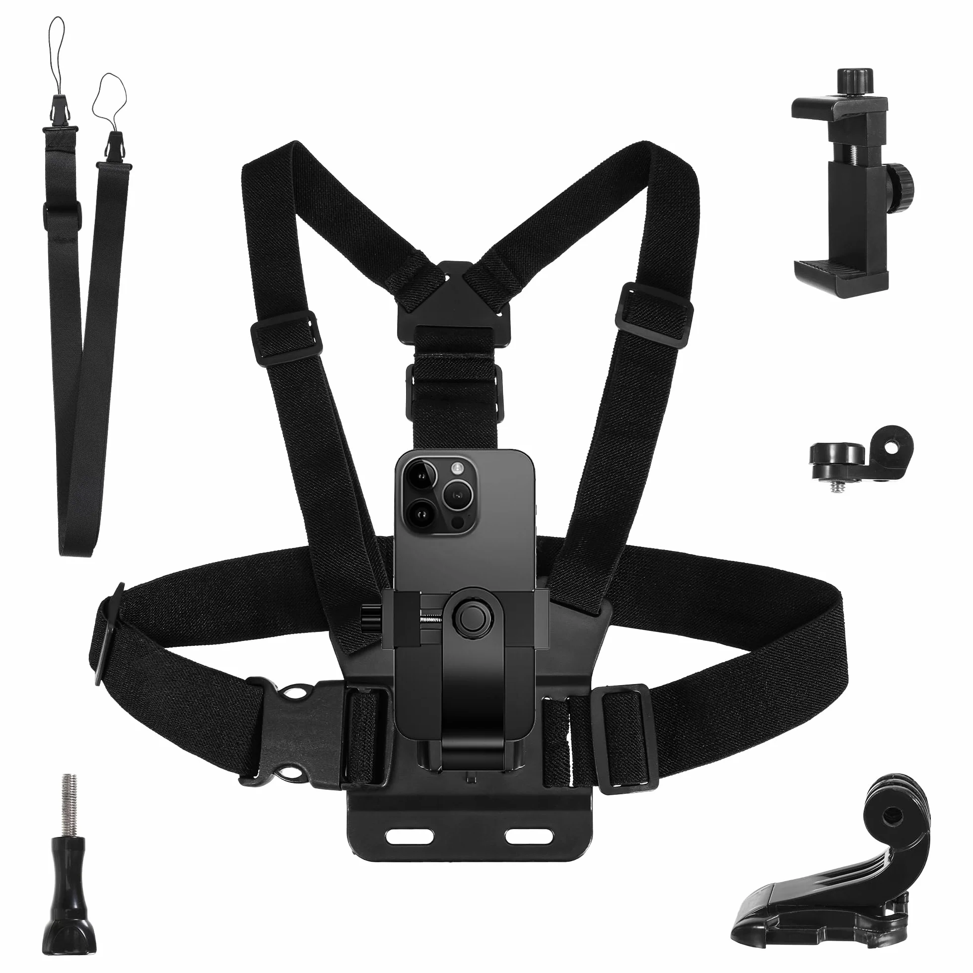 Uchwyt na pas piersiowy do GoPro & Action Cam akcesoria – regulowany pas piersiowy z uchwytem na telefon komórkowy, kompatybilny z GoPro Hero, DJI Osmo Action 5, Akaso, APEXCAM, Android, iPhone