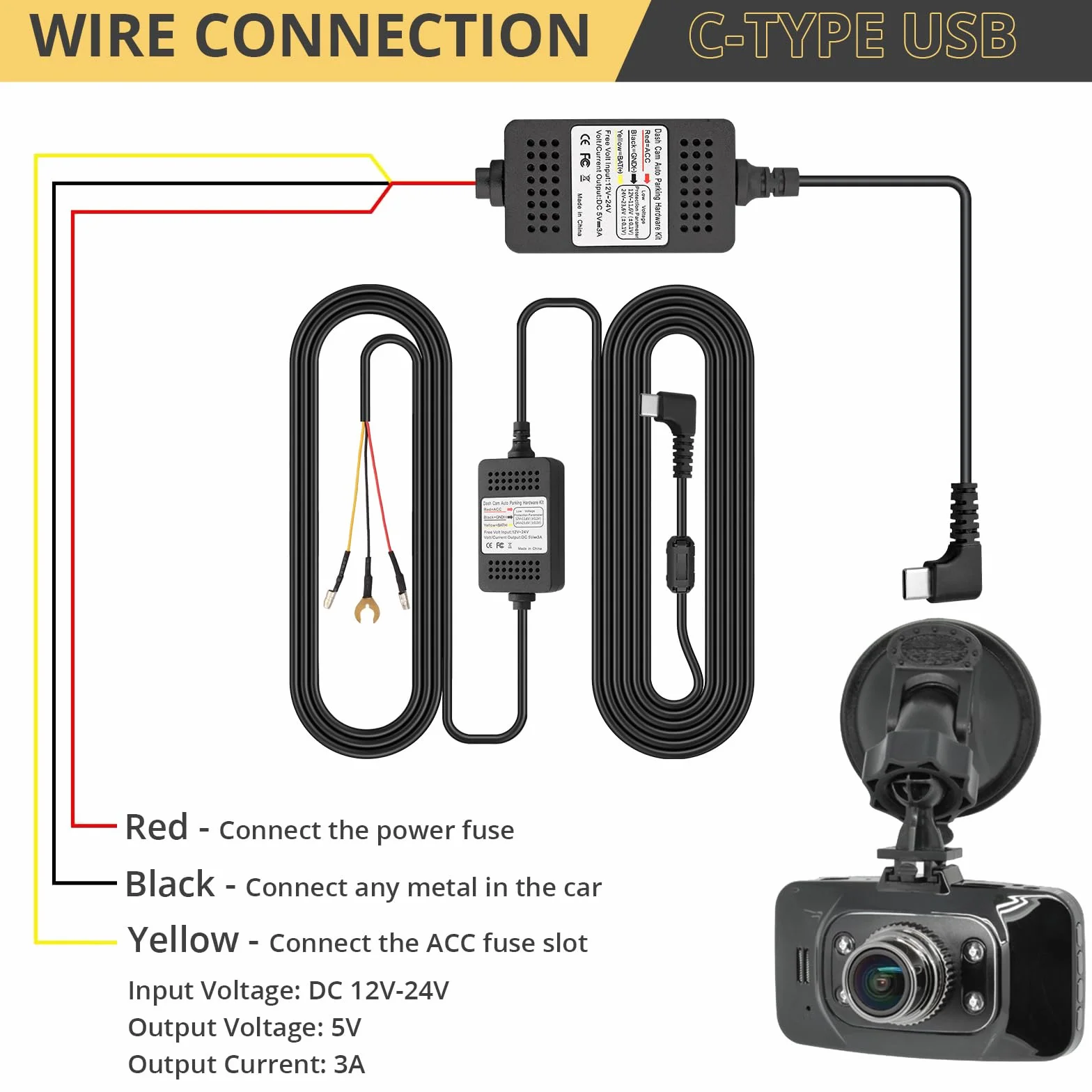 AMTOVL Zestaw Hardwire do aparatu typ C USB Dash Cam 3 przewody z bezpiecznikami ACC ochrona przed niskim napięciem 12 V/24 V do 5 V