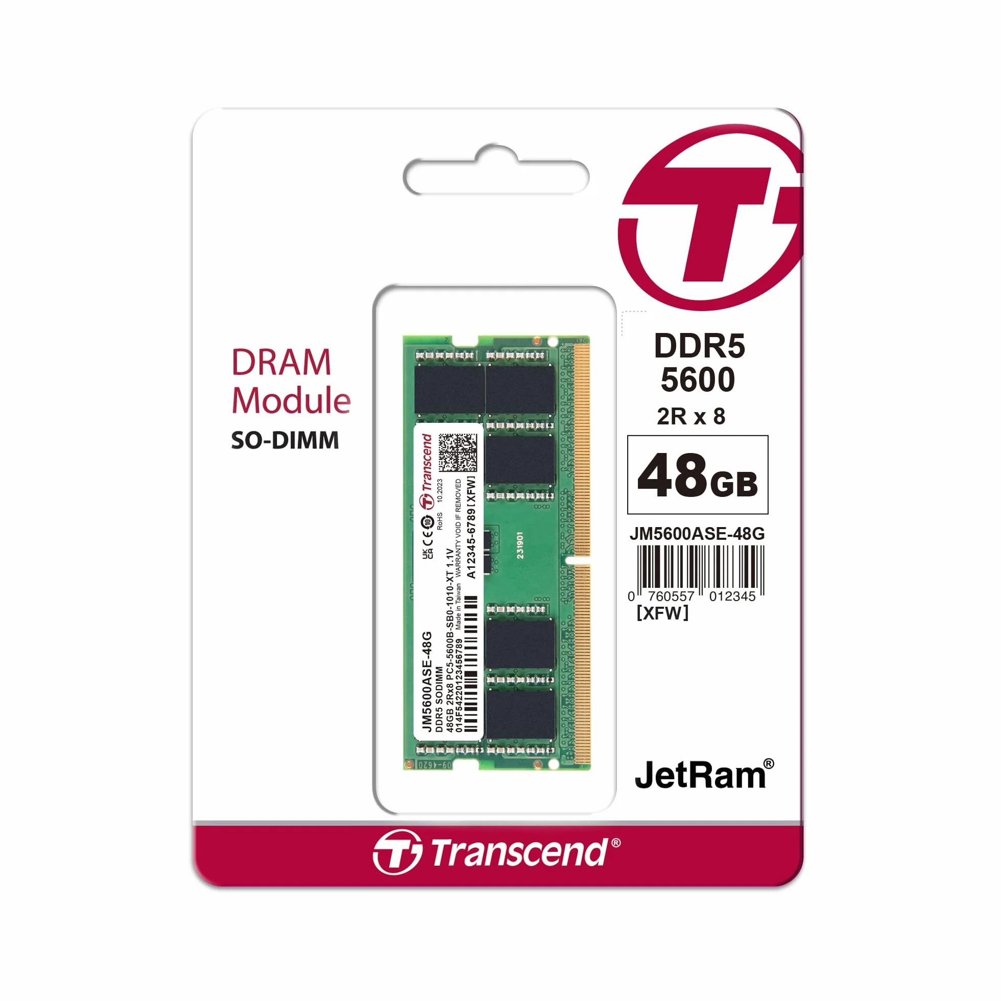 Transcend Moduł pamięci JetRam JM5600ASE DDR5 48 GB - 5600 MT/s, niskie napięcie 1,1 V, do stacji roboczych o wysokiej wydajności/gier -JM5600ASE-48G