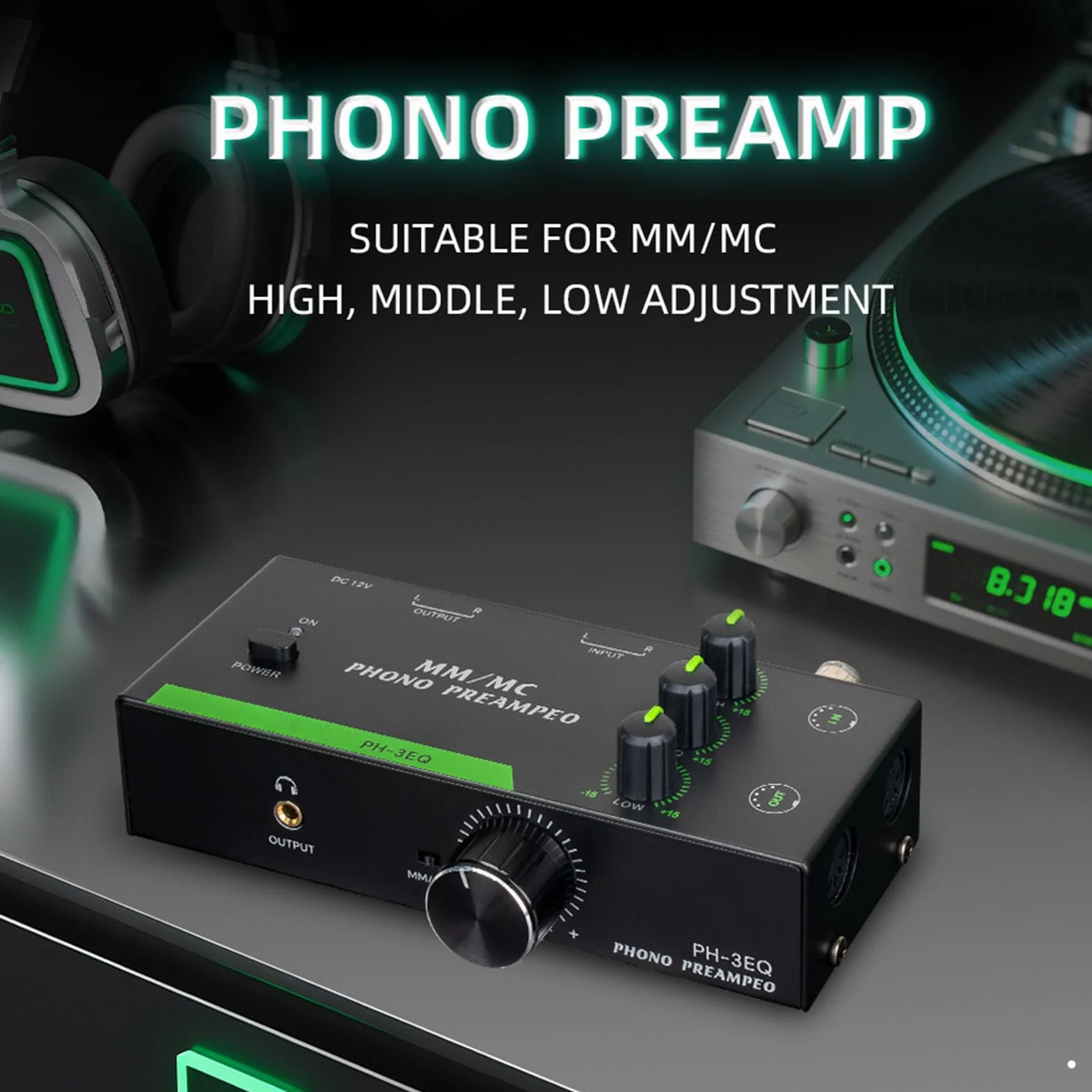 POENVFPO Phono Preamp, Przedwzmacniacz Fonografu Mini Stereo dla Odtwarzacza Rekordu Gramofonu, dla Przełączania Trybu MM/MC (wtyczka UE)
