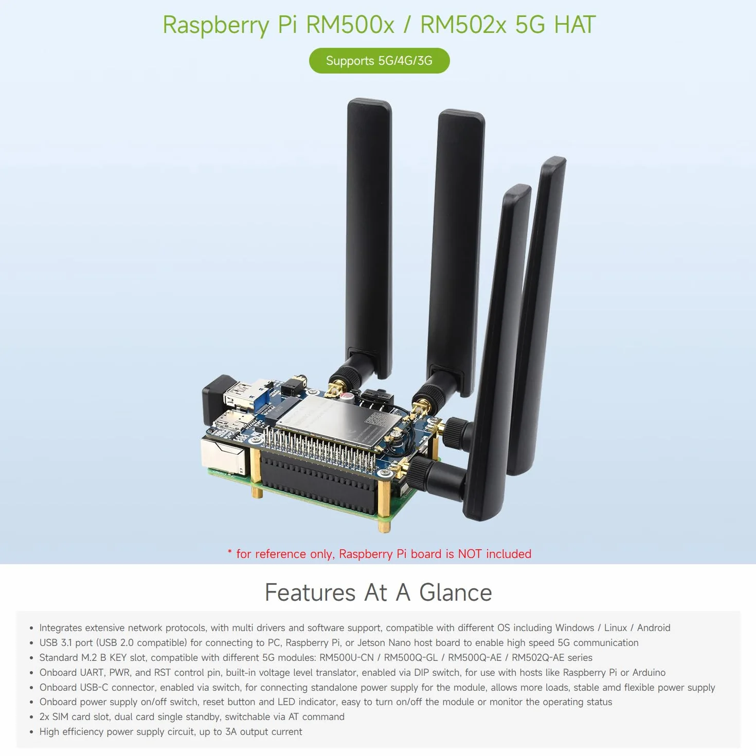 Waveshare Quectel RM500U-CNV 5G Sub-6 GHz Module, M.2 Form Factor,Industrial-Grade Modules for Industrial,IoT/EMBB and Commercial Applications Support 5G/4G/3G