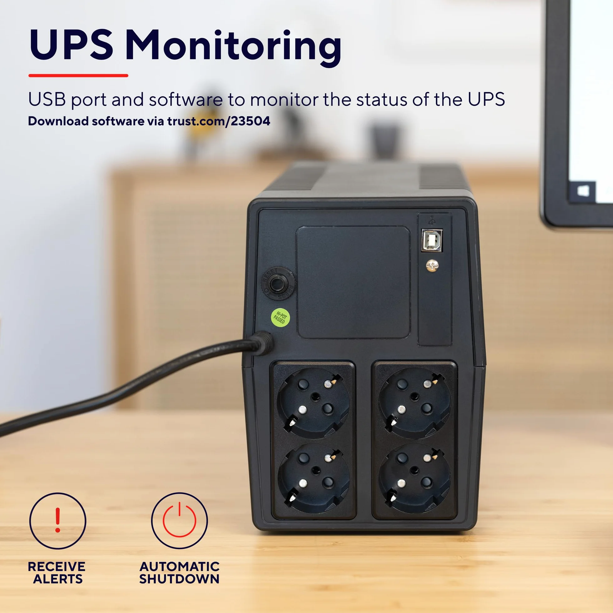 Trust Paxxon zasilacz bezprzerwowy UPS 1000 VA z akumulatorem | 4 gniazda, ochrona przed przepięciem, system zasilania gwarantowanego
