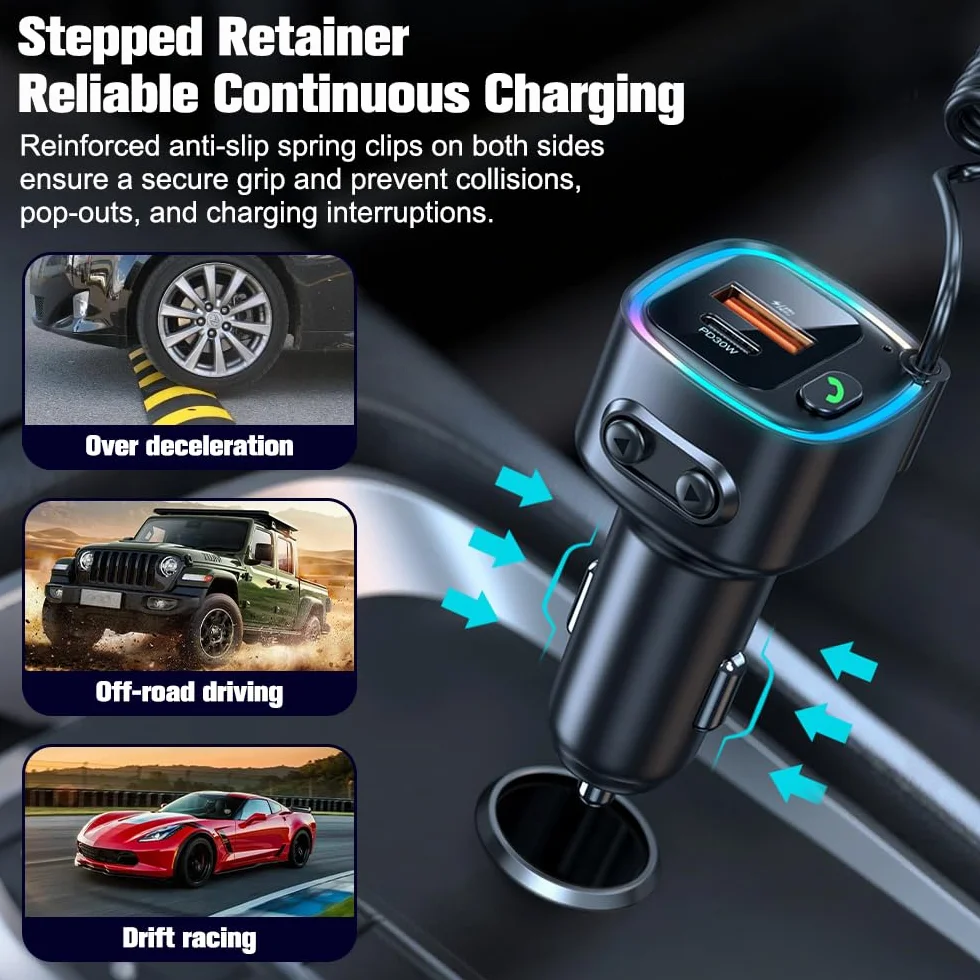 Aux Bluetooth Auto 5.4 adapter samochodowy Bluetooth Bluetooth z gniazdem AUX 3,5 mm, ładowarka samochodowa 42 W, szybkie ładowanie PD 30 W i QC 12 W, kabel sprężynowy 90 cm