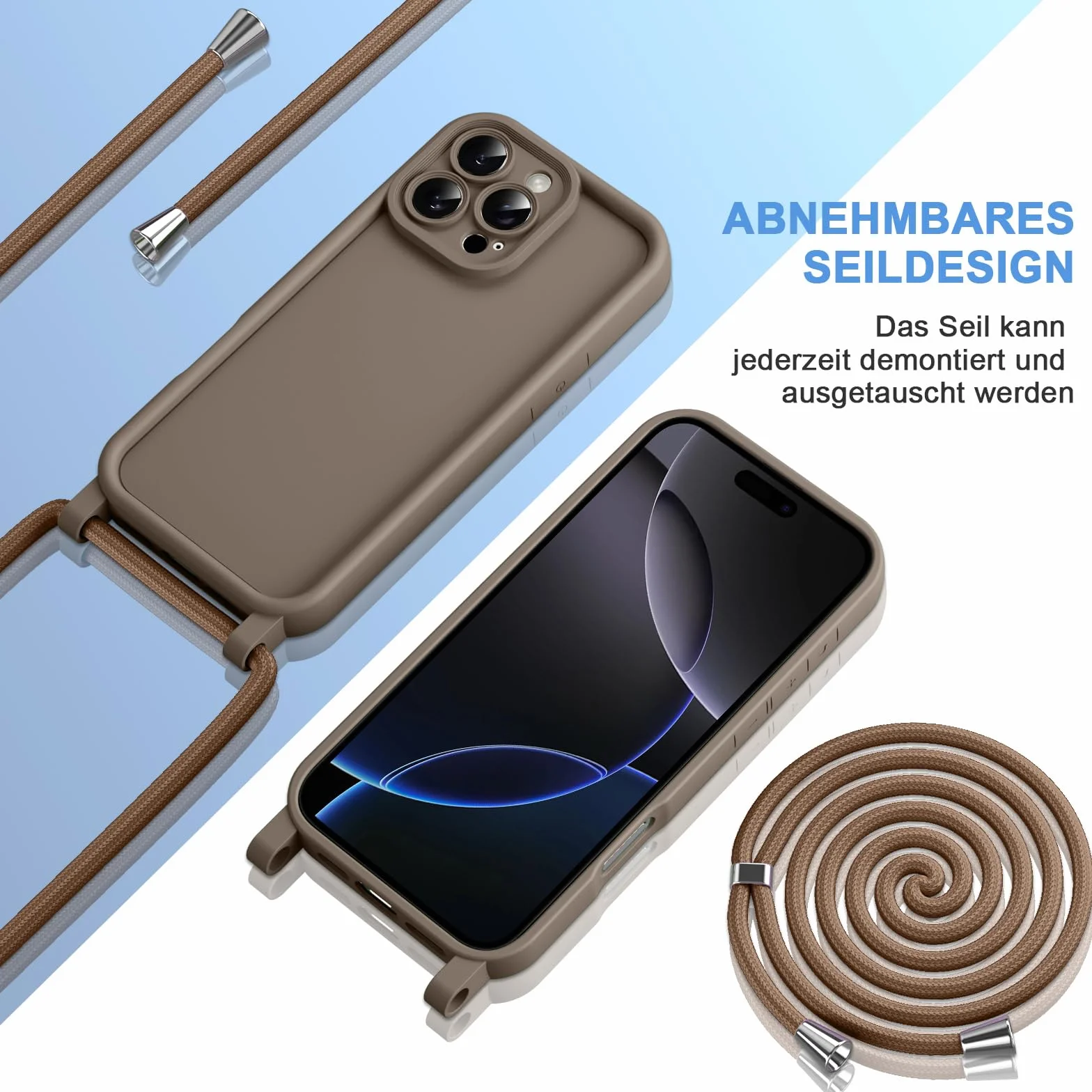 Coiwxmoi Silikonowe etui na telefon komórkowy iPhone 14 Pro 6,1", ze zdejmowanym, regulowanym sznurkiem do zawieszenia, odporne na uderzenia, ochrona aparatu, brązowe