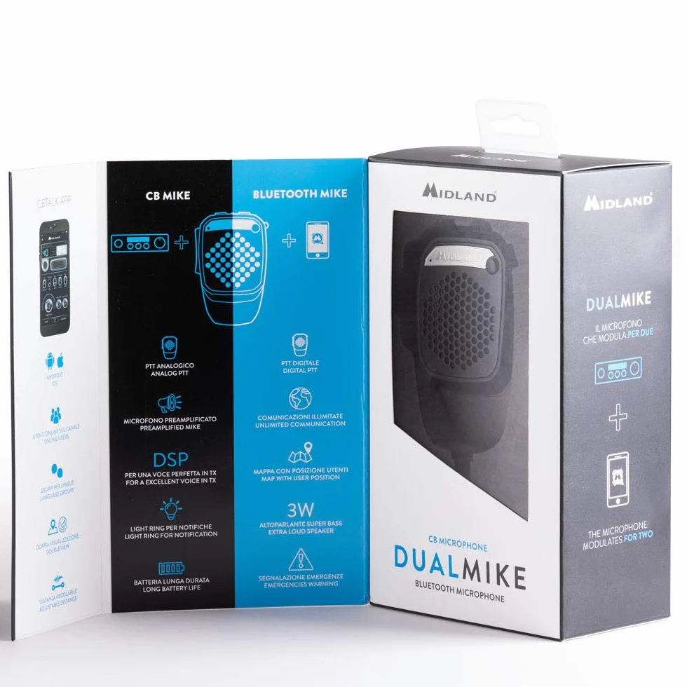 Midland - Mikrofon Bluetooth Dual Mike do radia CB, przedwzmacniacz 4-pinowy, połączenie CB i smartfon, podwójny PTT, wbudowany głośnik, DSP dla jakości głosu, kompatybilny z aplikacją CBTal