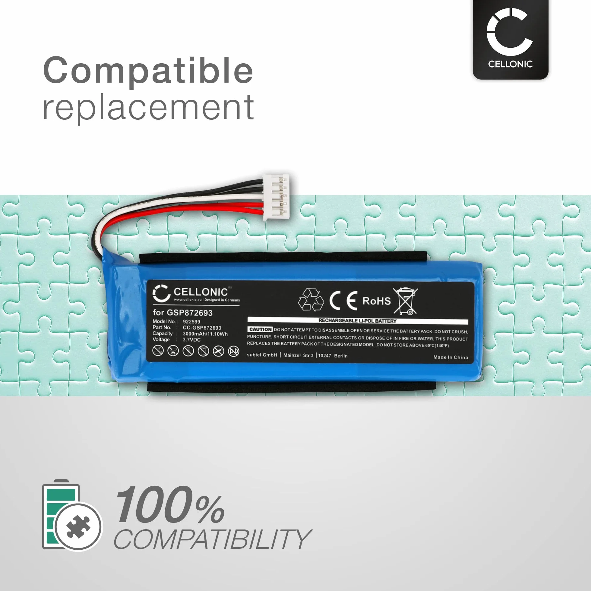 CELLONIC® Wysokiej jakości akumulator kompatybilny z JBL Flip 3, GSP872693, P763098 03 3000 mAh + zestaw narzędzi akumulator zapasowy bateria