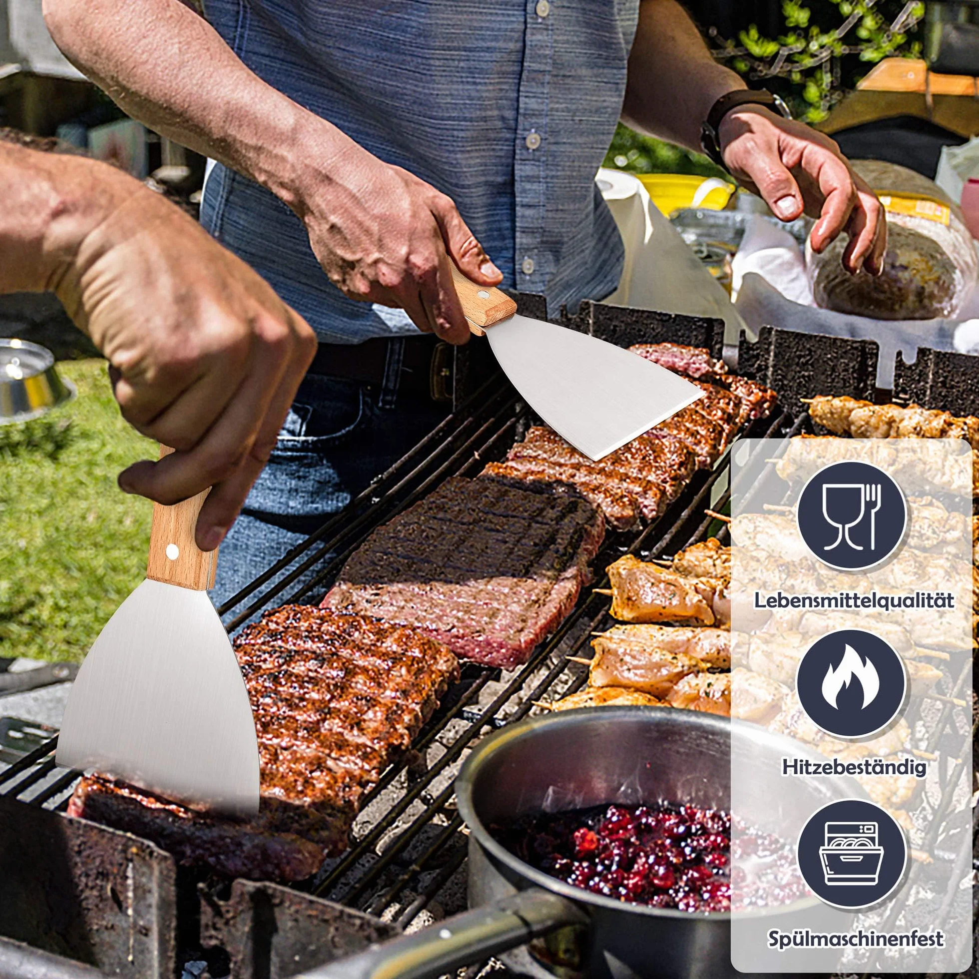Joyfair 2 szpatułki do grilla i kuchennego gotowania, stal nierdzewna, drewniany uchwyt, łopatka do pizzy, BBQ/kuchnia, ukośna krawędź
