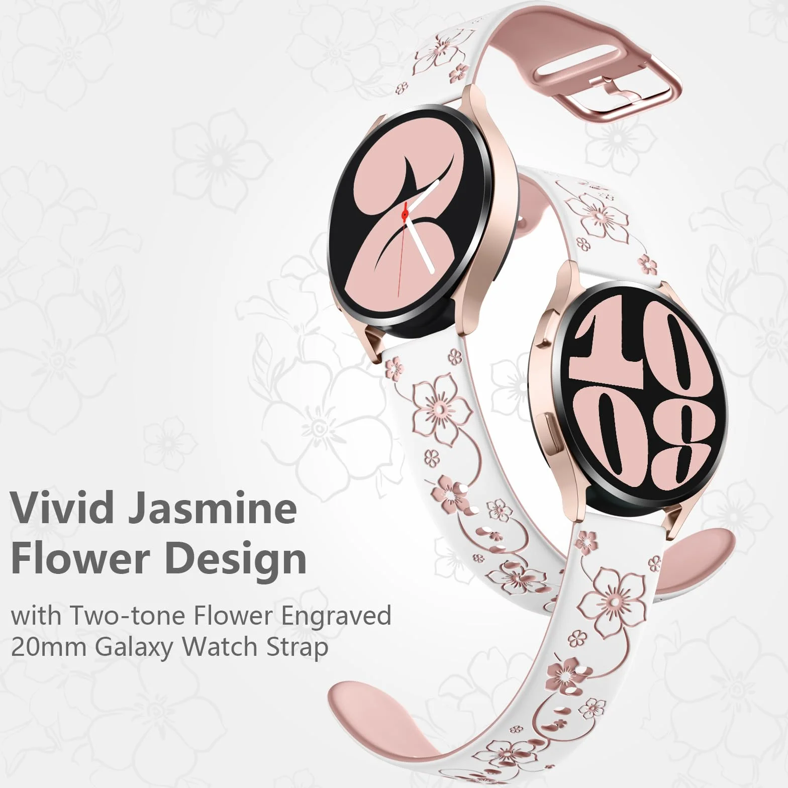 Mastten Grawerowany pasek w kwiaty, kompatybilny z zegarkiem Samsung Galaxy Watch 7, 6, 5, 4 Active 2, 40 mm, 44 mm, Watch FE / 6 4 Classic, 5 Pro/Watch 3 41 mm, 20 mm, miękki, elegancki, silikonowy,