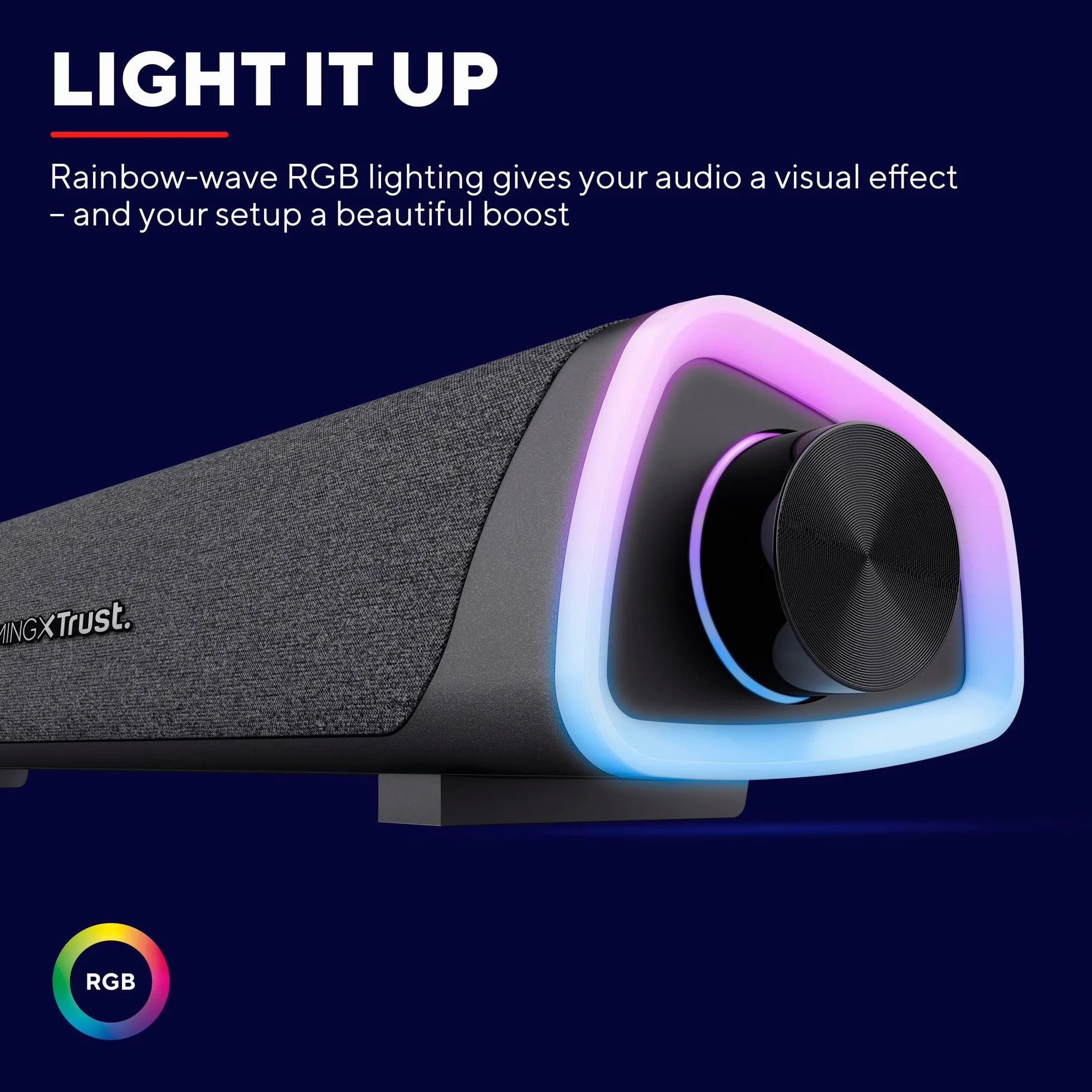 Trust Gaming GXT 620 Axon 12W RGB Podświetlana listwa dźwiękowa, zasilanie USB, 3,5 mm AUX, głośnik PC do laptopa, smartfona, tabletu, telewizora - czarny
