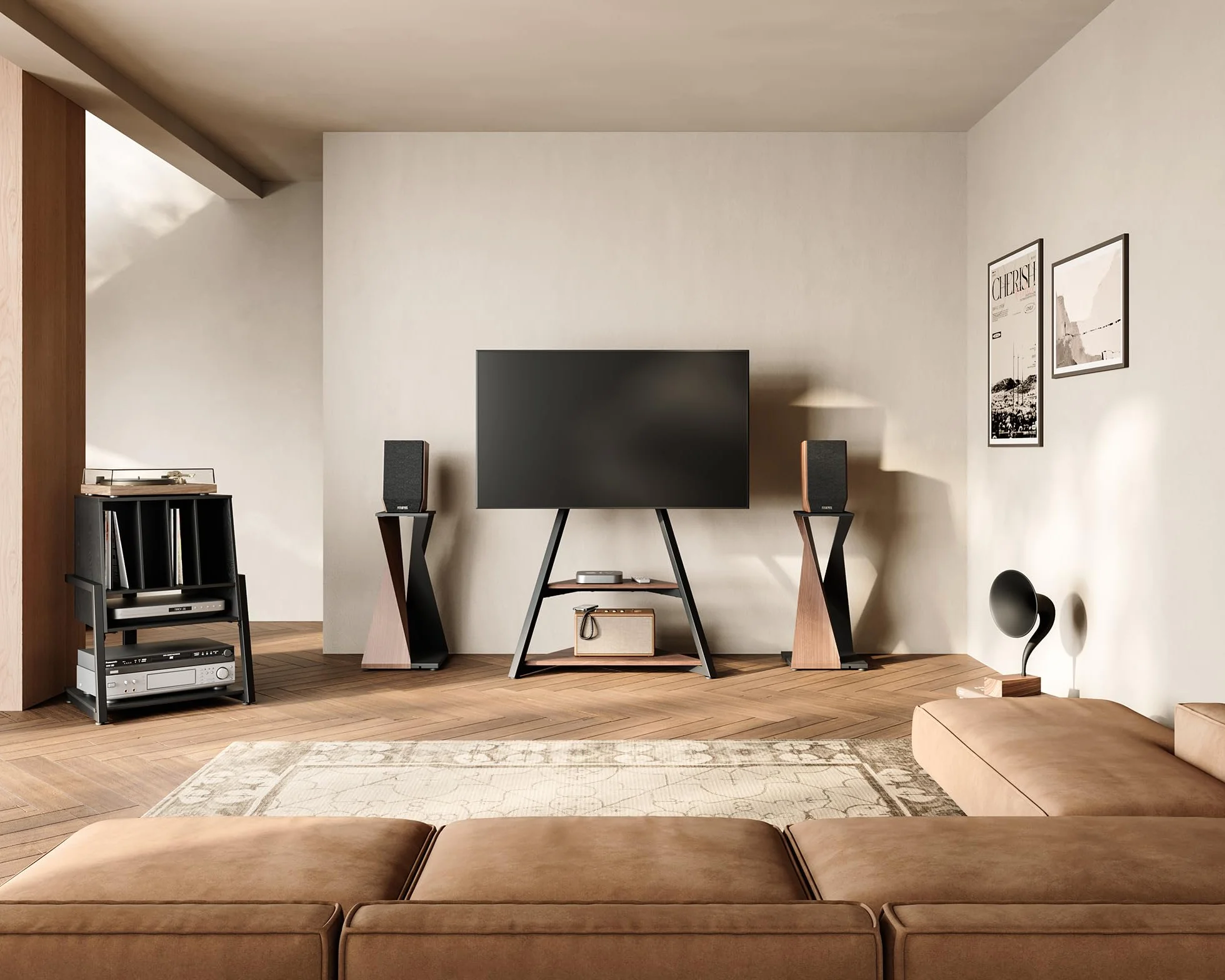 FITUEYES Designerski gramofon, stół z drewna, metalu, stojak na gramofony, 120 płyt, kompaktowy gramofon, regał do salonu, pokoju muzycznego