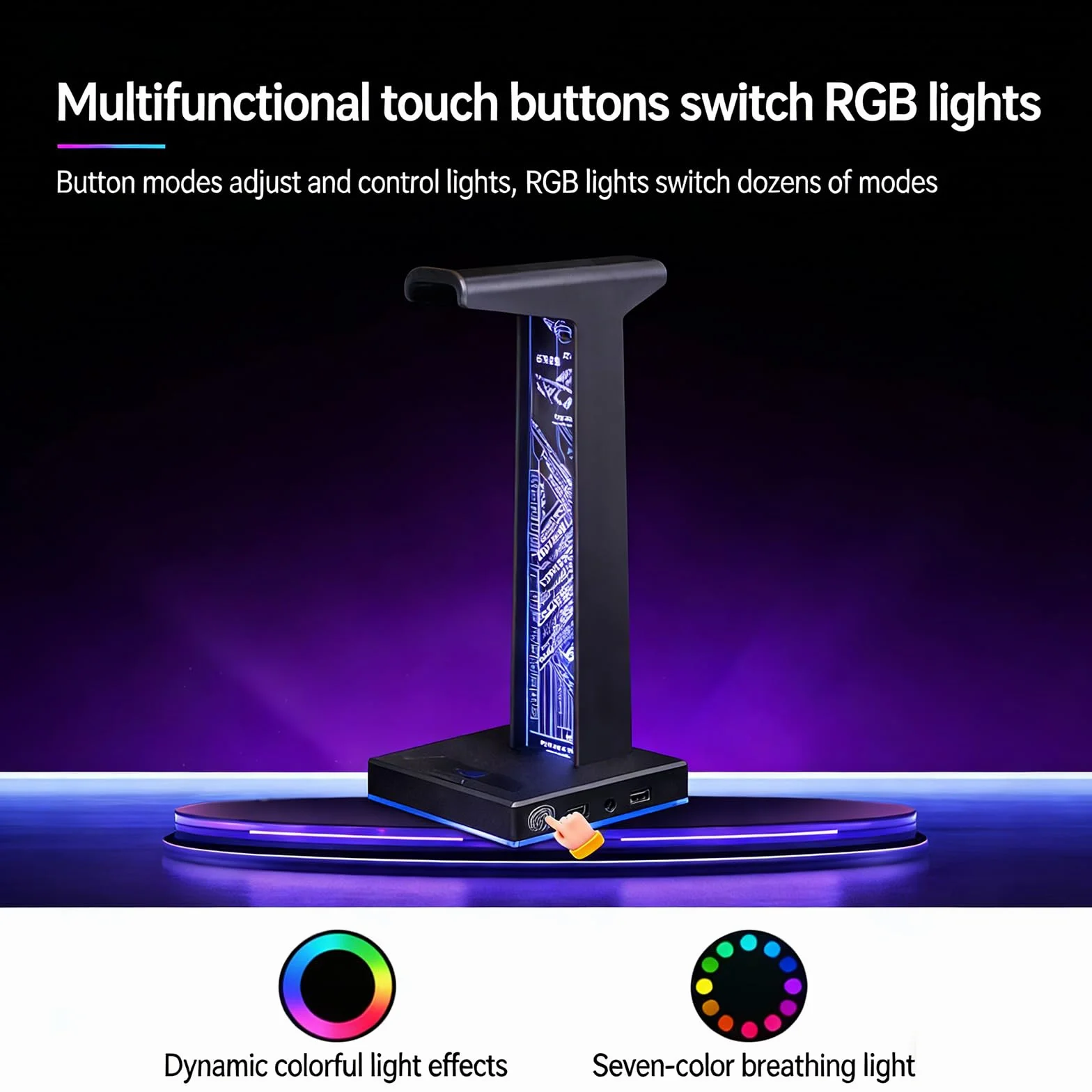 Stojak na słuchawki gamingowe z oświetleniem RGB, uchwyt na słuchawki LED z 2 portami USB i portami audio 3,5 mm, 10 trybów świecenia do wszystkich słuchawek