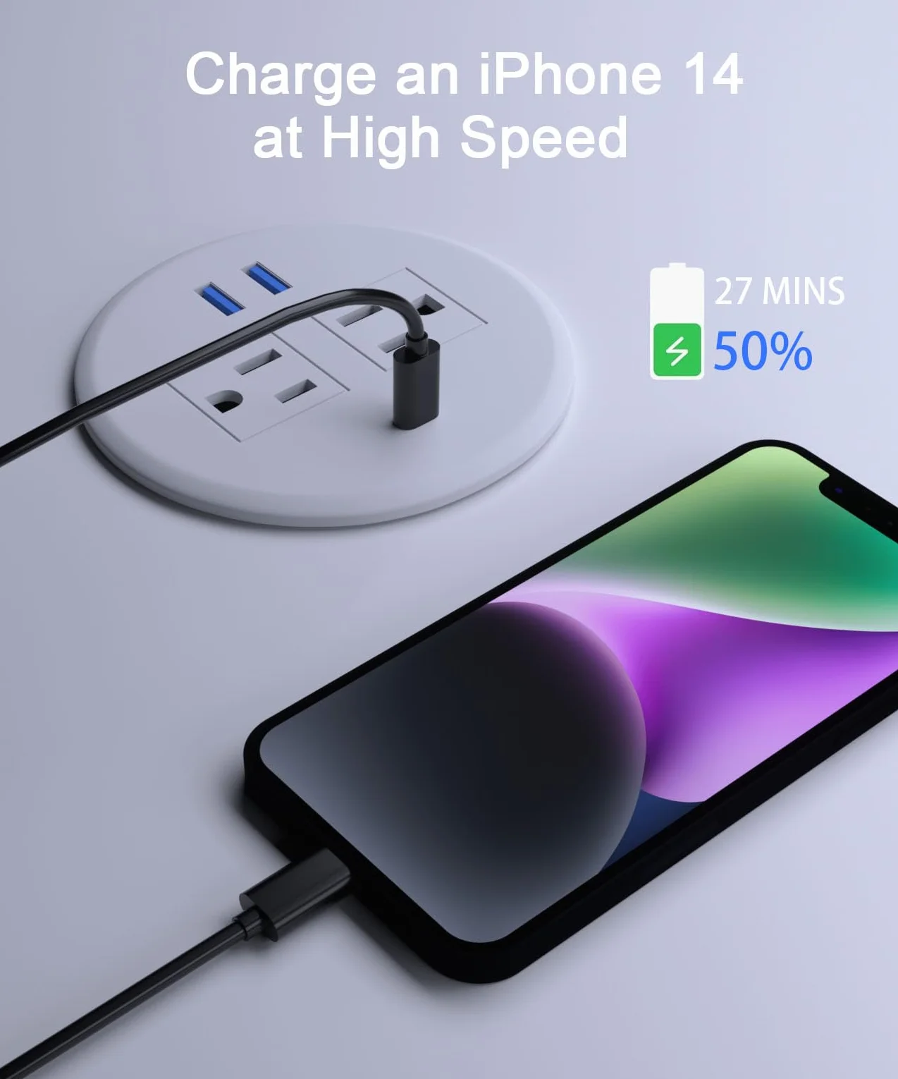 Wpuszczane przelotki zasilające, 7 cm, 20 W, szybkie ładowanie USB C.Fadossu na biurko, podtynkowe gniazdo zasilania z 2 gniazdkami AC, 3 porty USB, pasują do okrągłego otworu na biurko, przewód 16 cm