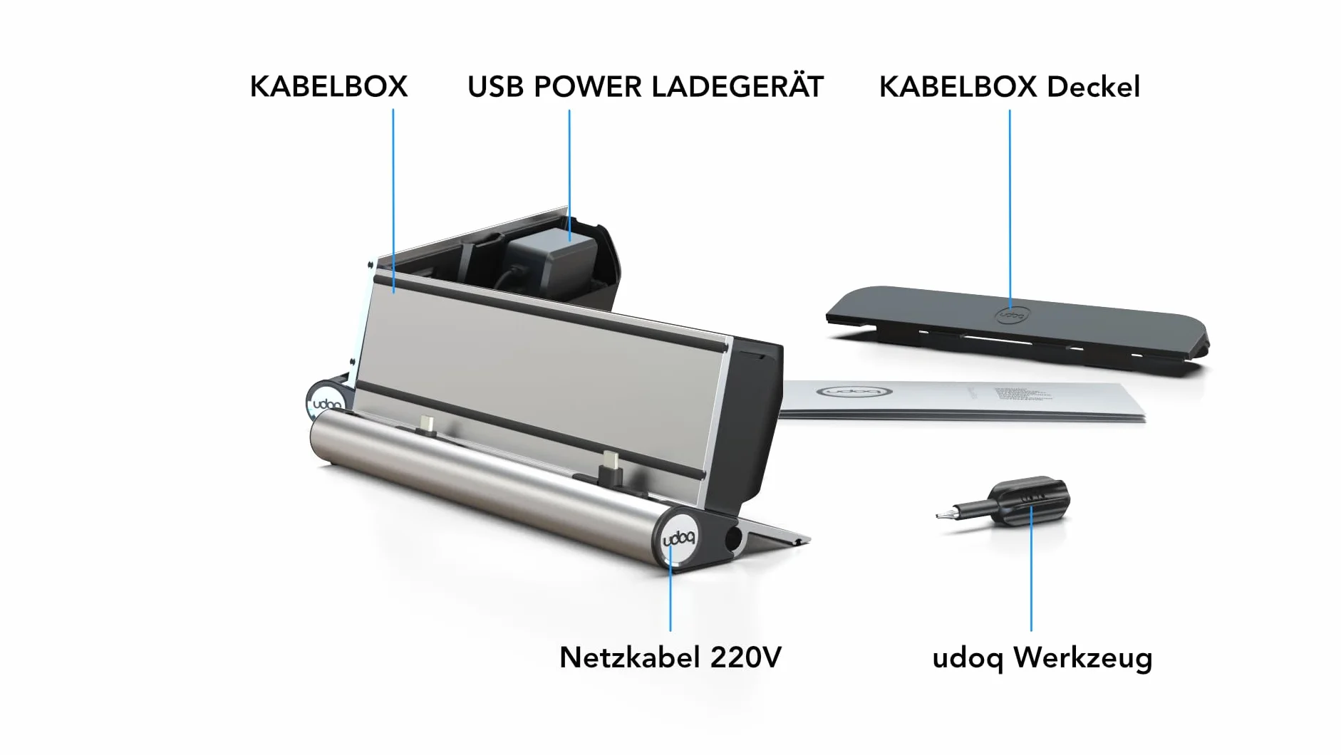 Aluminiowa stacja ładująca z 2 portami USB-C, udoq 250, z kablem do szybkiego ładowania i ładowarką Power Delivery Charger, srebrna