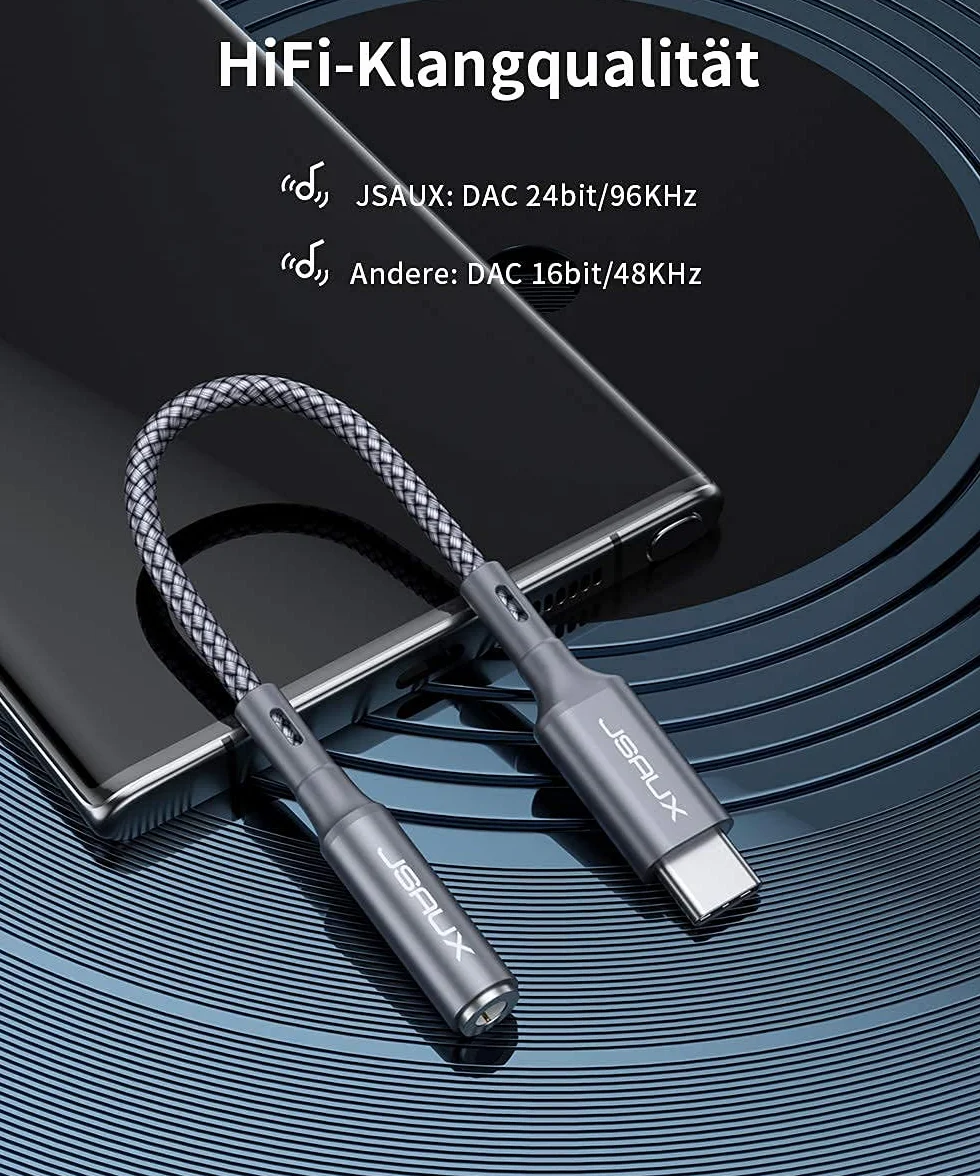 JSAUX Adapter USB C do jack 3,5 mm, gniazdo jack typu C AUX adapter audio kompatybilny z iPhone 17 Pro Max/16 Pro/15 Pro Max/15 Pro, Samsung S24/S23/S22/S21, iPad Pro, Pixel 6/4XL-szary