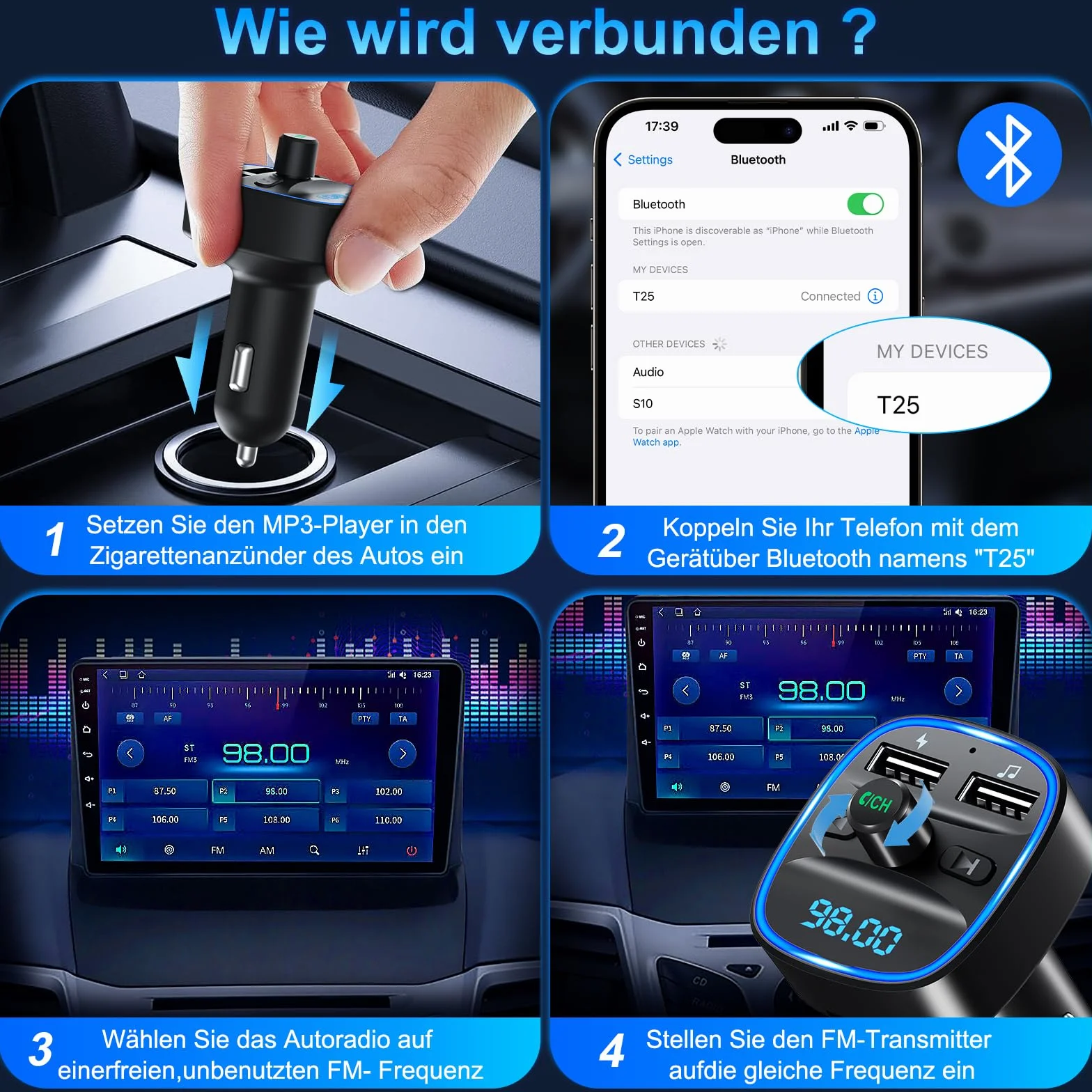 Transmiter Bluetooth 5.3 FM, samochodowy adapter Bluetooth, radio, 2 USB ładowarki LED, samochodowy ładowarka, odtwarzacz muzyczny, zapalniczka z głośnikiem
