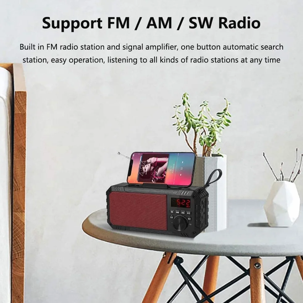 ARTSZY Głośnik Bluetooth Bezprzewodowa kolumna basowa Przenośny głośnik z uchwytem na telefon, obsługa radia FM/AM/SW, na kemping na zewnątrz - pojemność baterii 1200 mAh