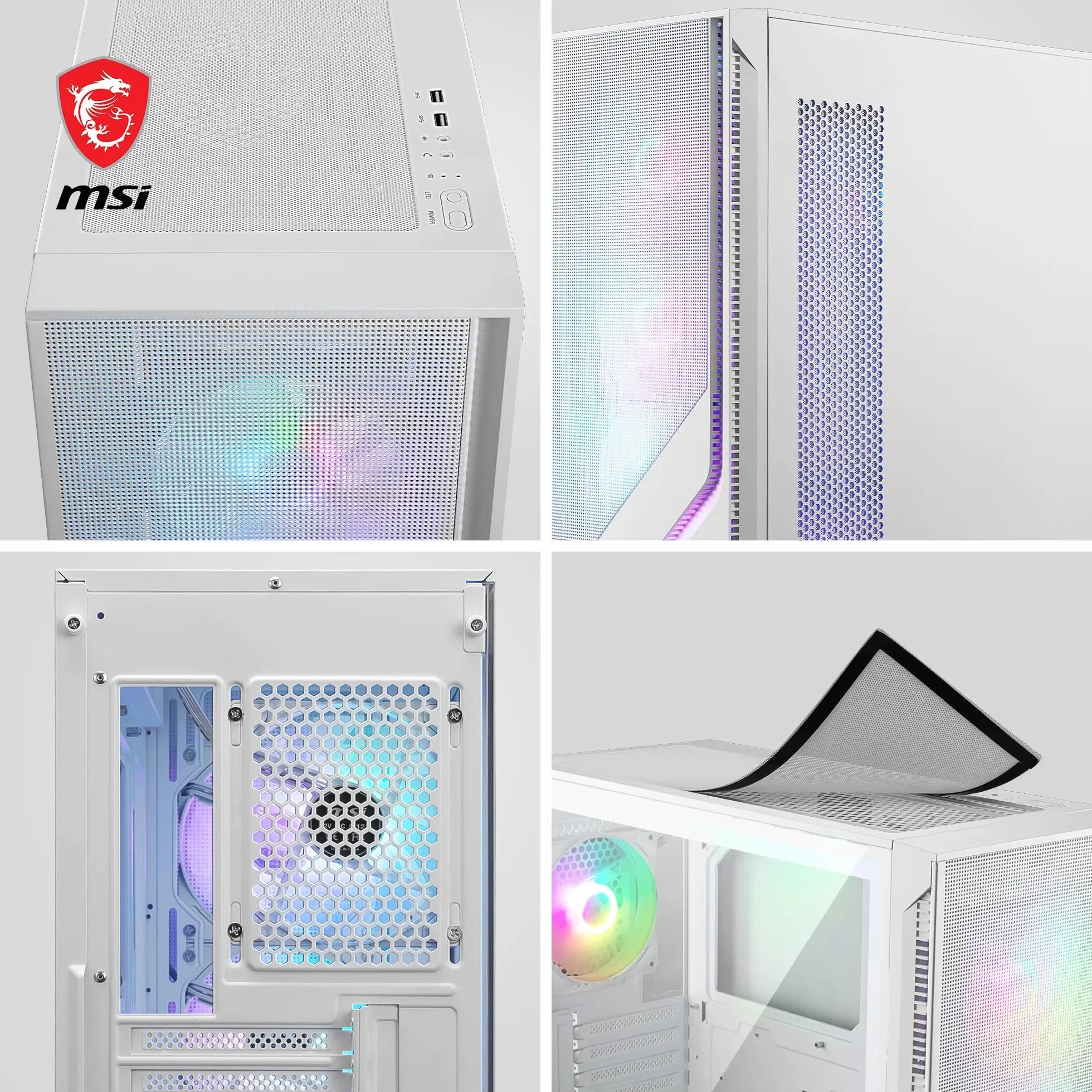 MSI MAG Forge 320R Airflow White Średnia wieża obudowa komputera - ATX, kompatybilna z RTX 40, wentylatory ARGB, magnetyczne filtry przeciwpyłowe, szkło hartowane, koncentrator ARGB, USB Typu-A 3.2