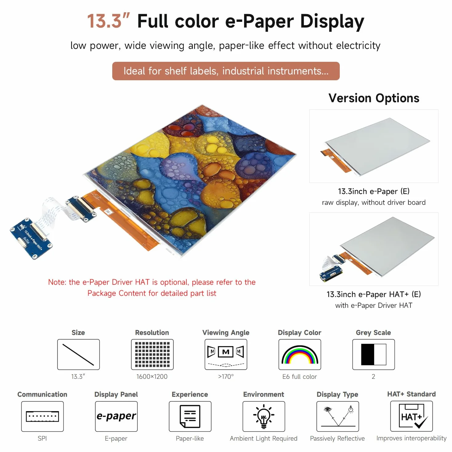 Waveshare 13.3inch E Ink Spectra 6 (E6) Full Color E-Paper Raw Display without Driver Board, 1600x1200 Pixels, SPI Communication, E-Ink Raw Display