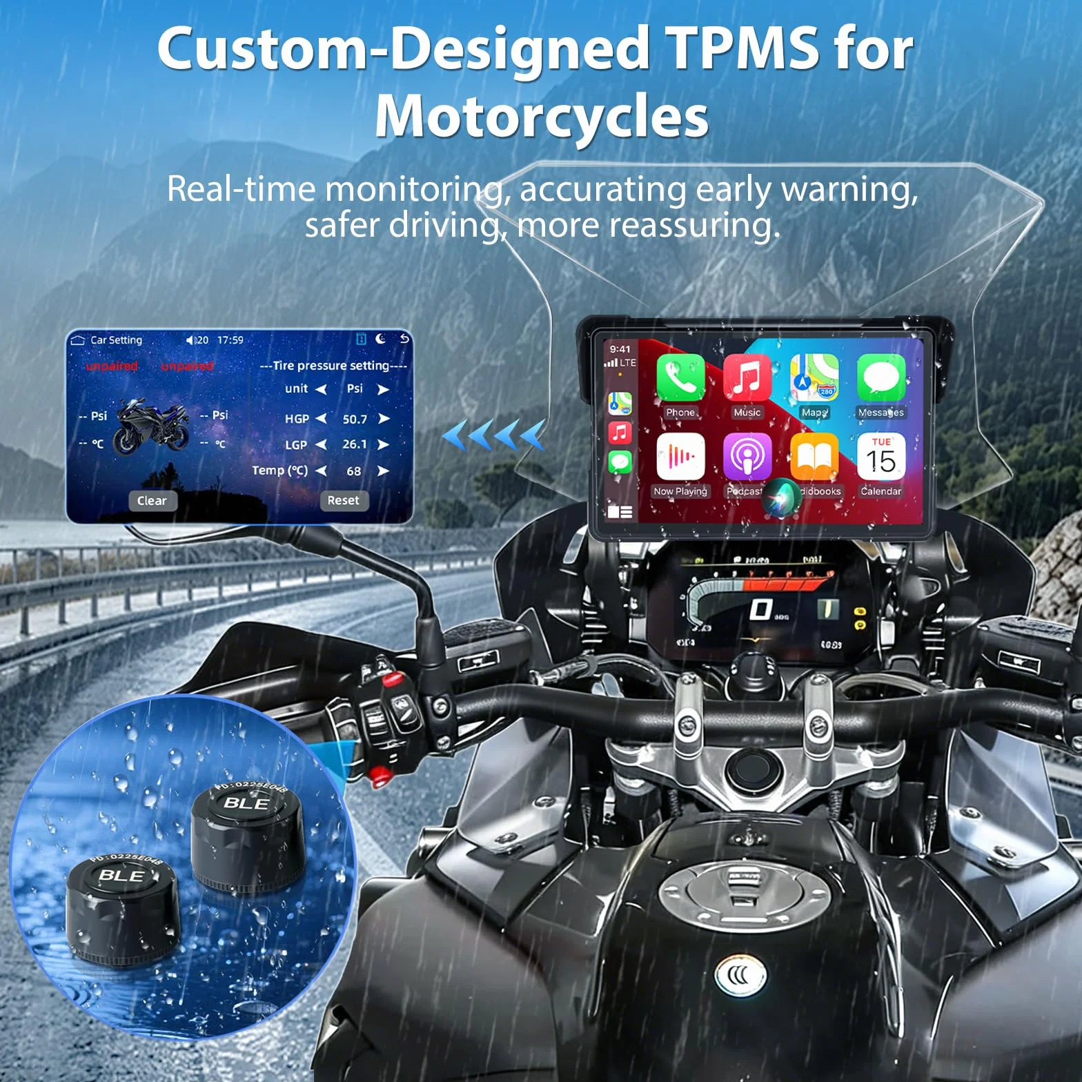 CarPlay 7-calowy wyświetlacz motocyklowy, bezprzewodowy, nawigacja z systemem Android, z kablem zasilającym USB, czujnik ciśnienia w oponach, wodoszczelność IP67, nawigacja motocyklowa, podwójny