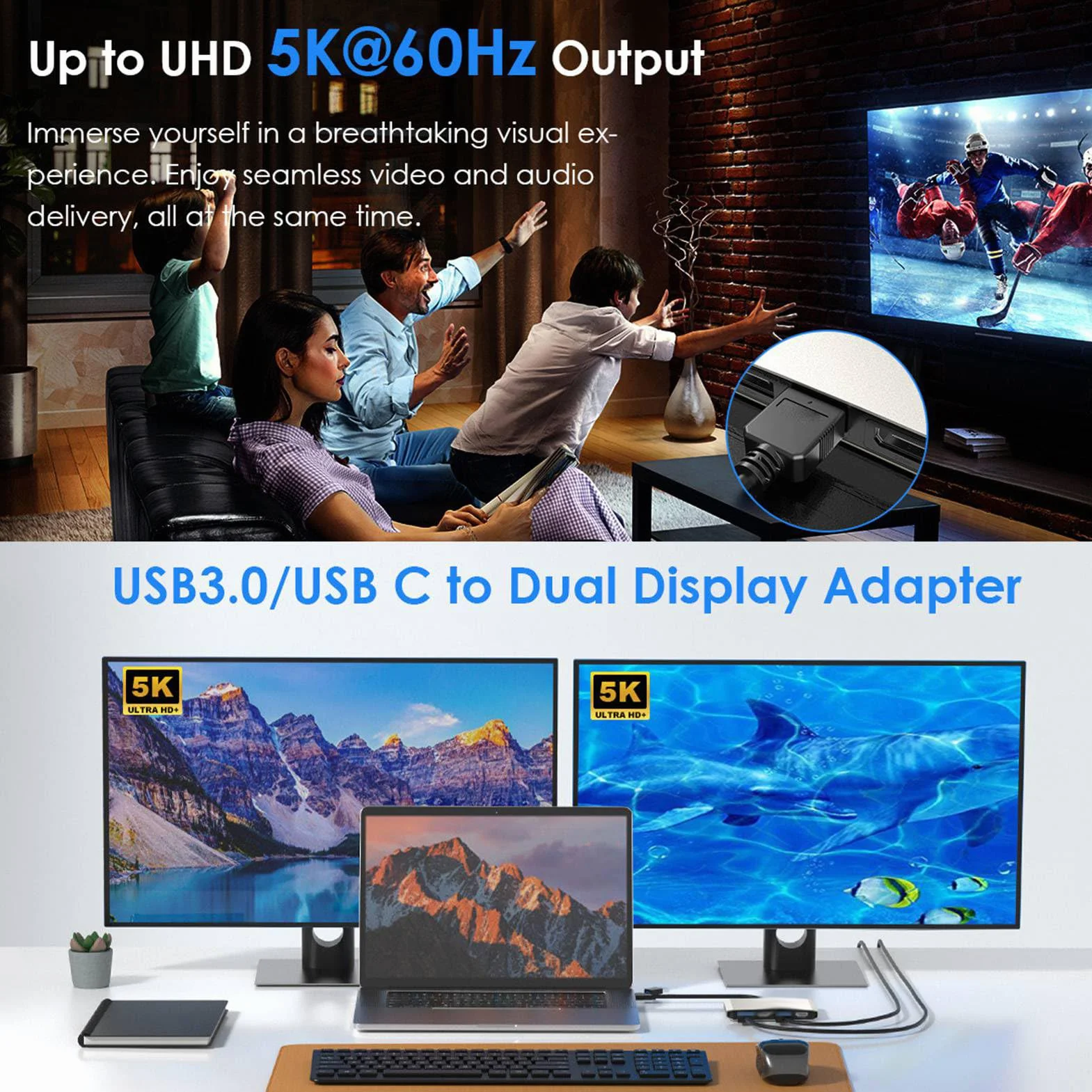 Denash USB 3.0 USB C do Podwójnego Adaptera HD, Podłącz Podwójne Wyświetlacze 4K Przy Adapterze Stopu Aluminium 60 Hz z 2x4k 60Hz 1, 2x5k 60Hz Displayport, Idealny do Systemu