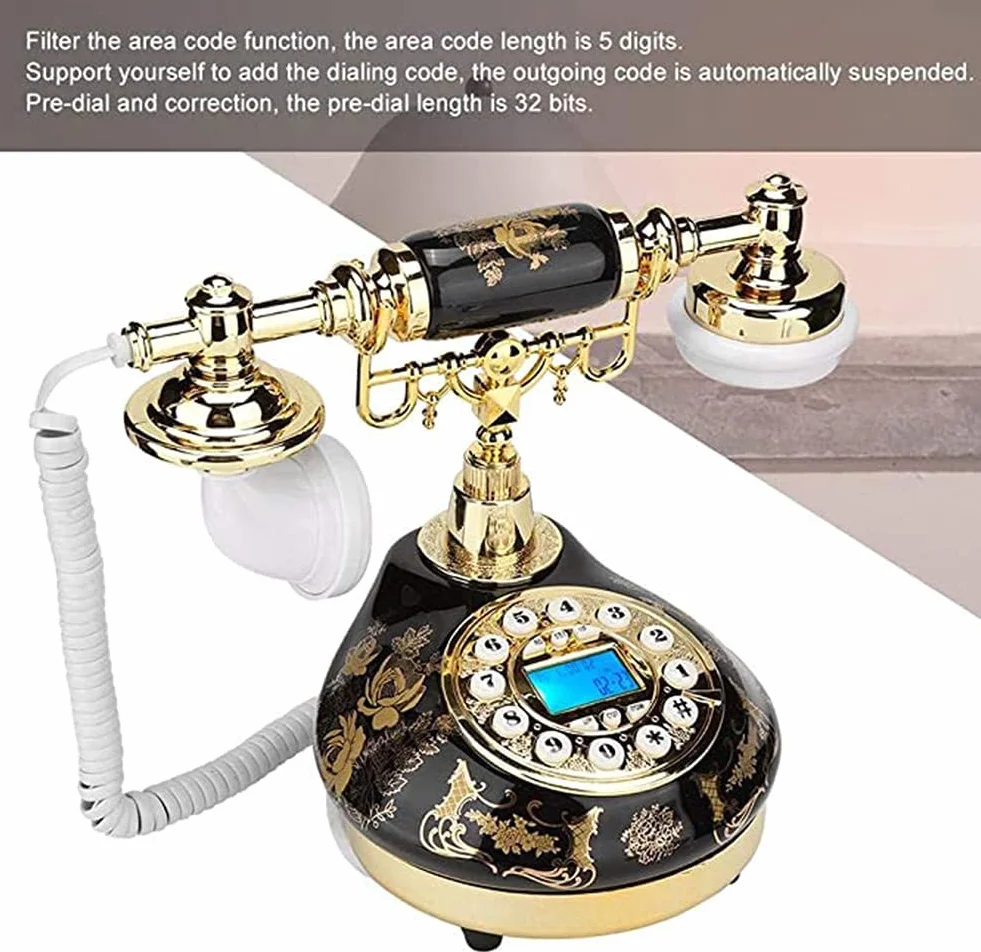 Vintage Retro Telefon Ceramiczny, Czarny i Złoty Kwiatowy Design Antyczna Dekoracja Domu Telefon Biurowy