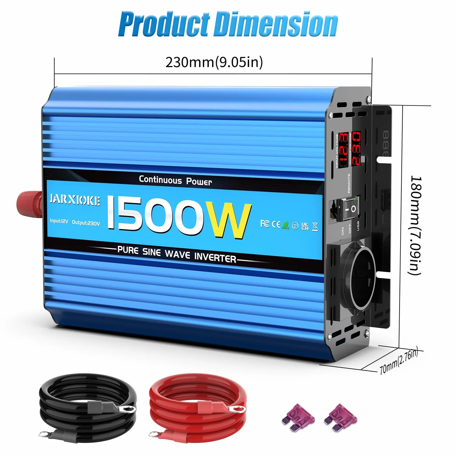 1500w Przetwornik 12V do 230V Czysty Sinus Falownik Napięcia 12V 230v DC Przetwornik Słoneczny,z Gniazdem Europejskim i USB,Pilot Zdalnego Sterowania