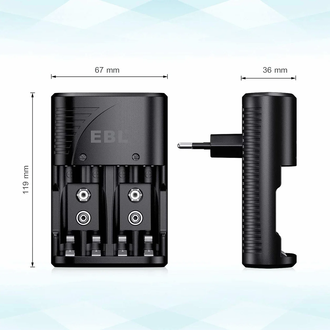 EBL Ładowarka do akumulatorów AA AAA 9 V NIMH, 4 gniazda ładowania Smart Plug, wielofunkcyjna ochrona, wyświetlacz LED, szybka ładowarka do AA AAA 9 V