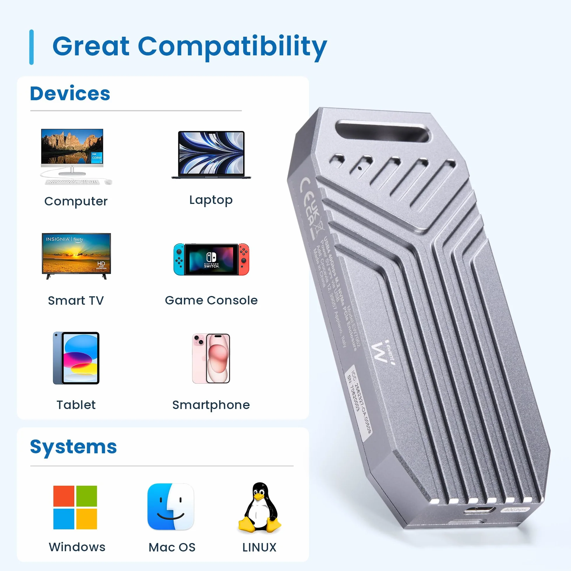 Ewent Zewnętrzna obudowa USB 40 Gb/s do dysków SSD NVMe M.2, aluminiowa obudowa z rozpraszaniem ciepła USB-C, bez narzędzi, obsługa UASP&TRIM, M-Key&M+B-Key 2230-2242-2260-2280, Plug&Play Windows