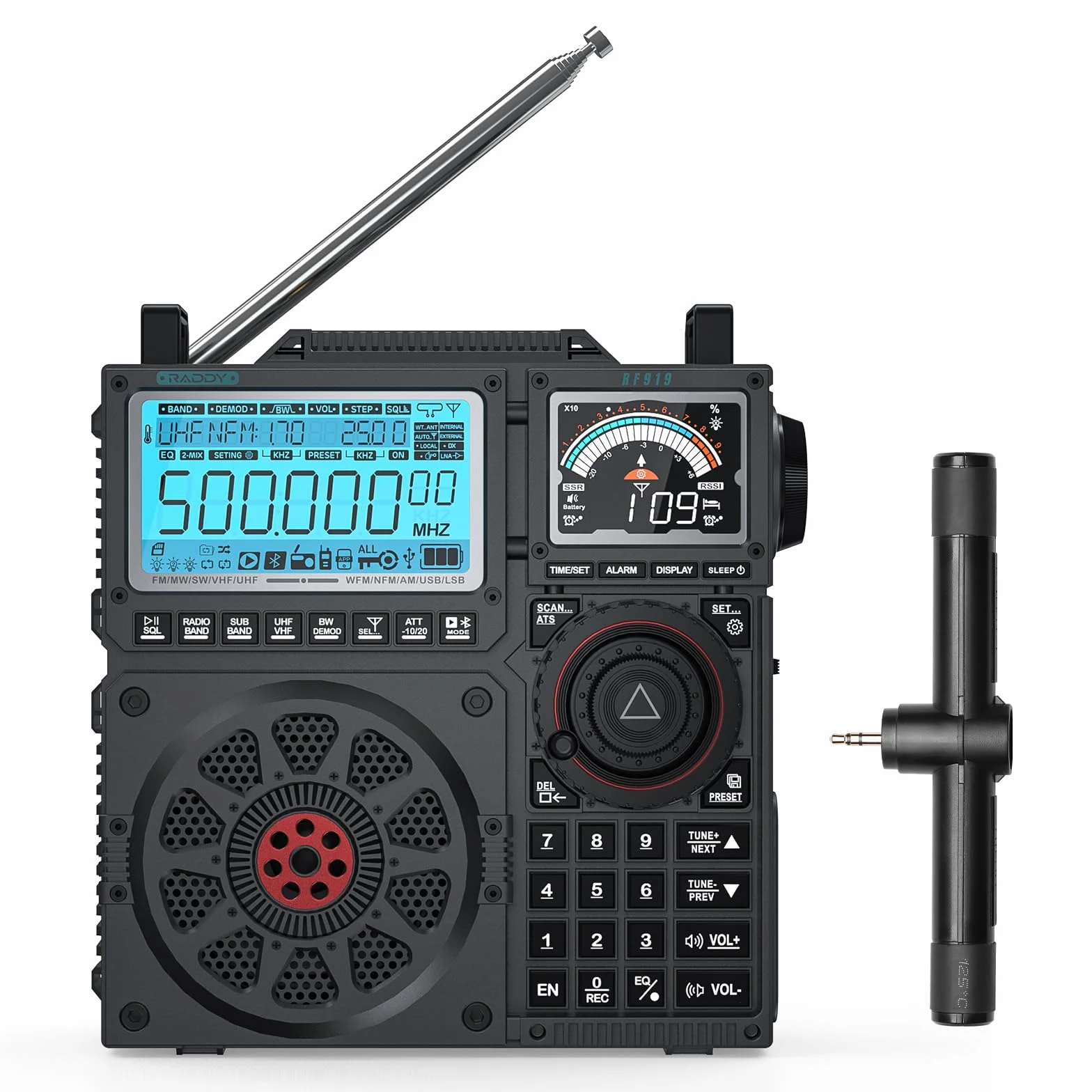 Radio krótkofalowe Raddy RF919 SSB, pełnozakresowy odbiornik FM AM SW VHF UHF AIR CB SSB, z tunerem antenowym, 3 portami anteny zewnętrznej, akumulatorem 5000mAh, gniazdem słuchawkowym