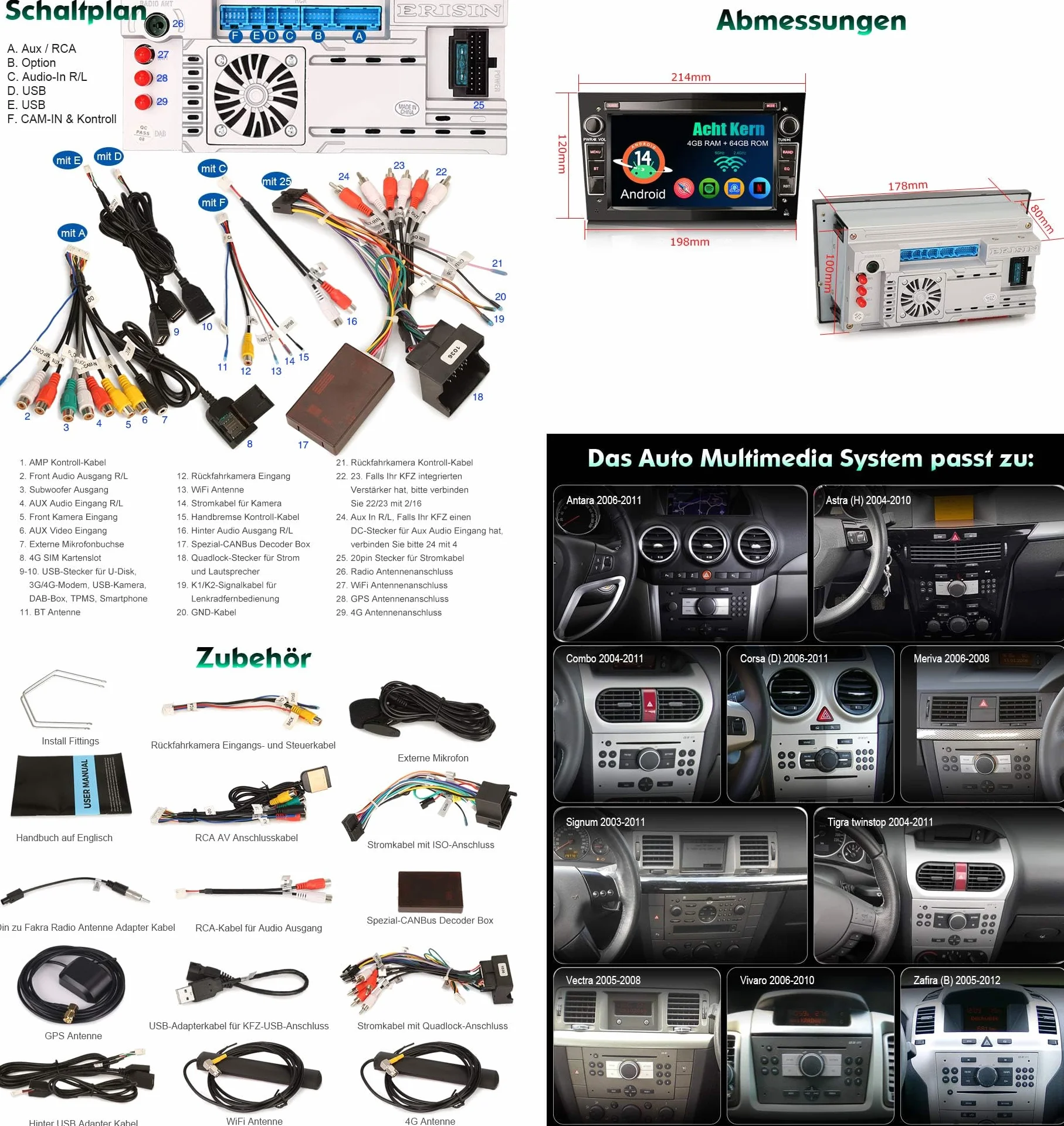 erisin Android 16 radio samochodowe GPS nawigacja do Opel Astra H Corsa C Corsa D Vectra Zafira B Signum Carplay Android Auto GPS DSP Bluetooth 5.0 WiFi 2,0 GHz CPU radio 8 rdzeni 4 GB + 64 GB