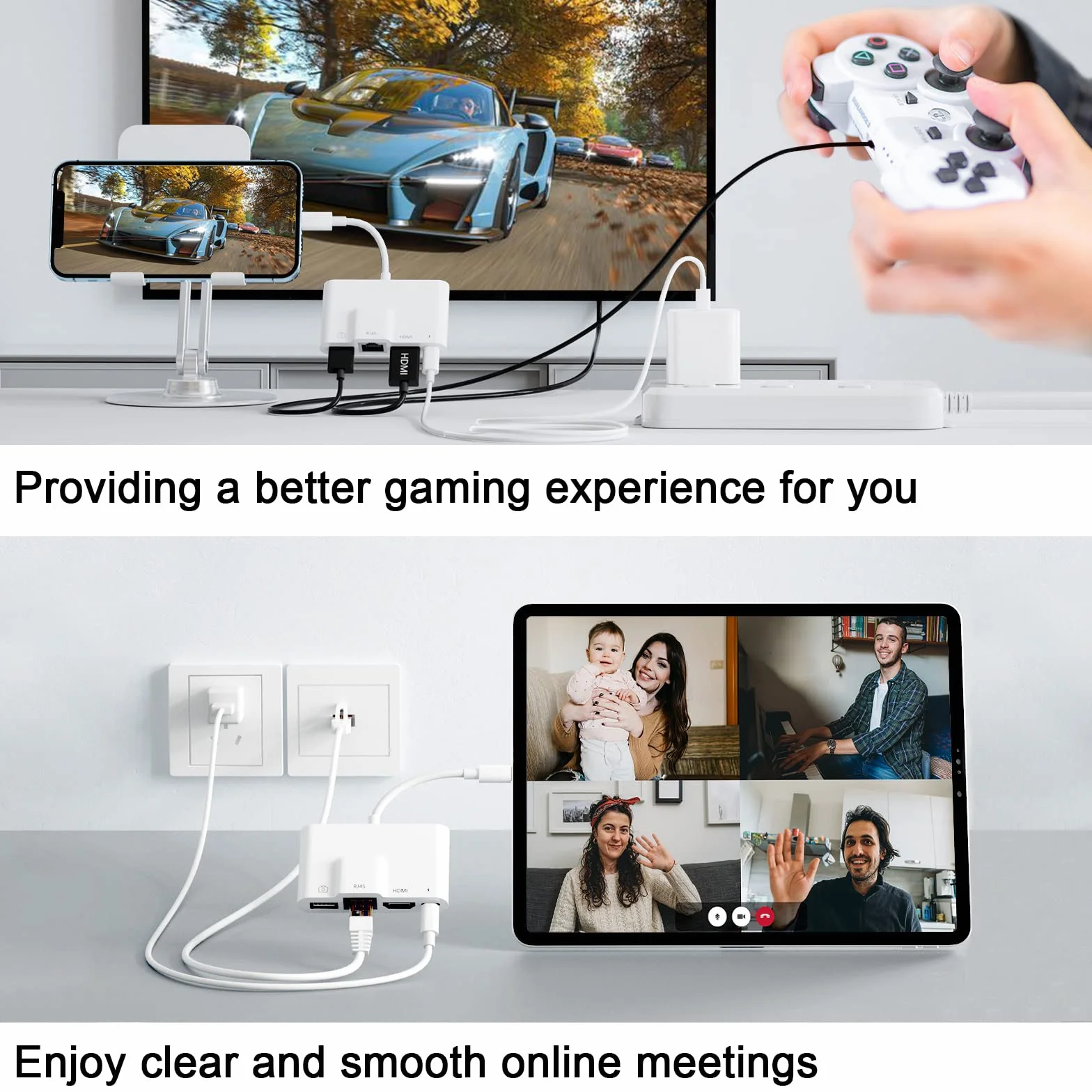 Adapter HDMI Ethernet LAN z iPhone 4 w 1, kompatybilny z iPhone 14 12/13/11/XS/XR/X/8/7/Pad