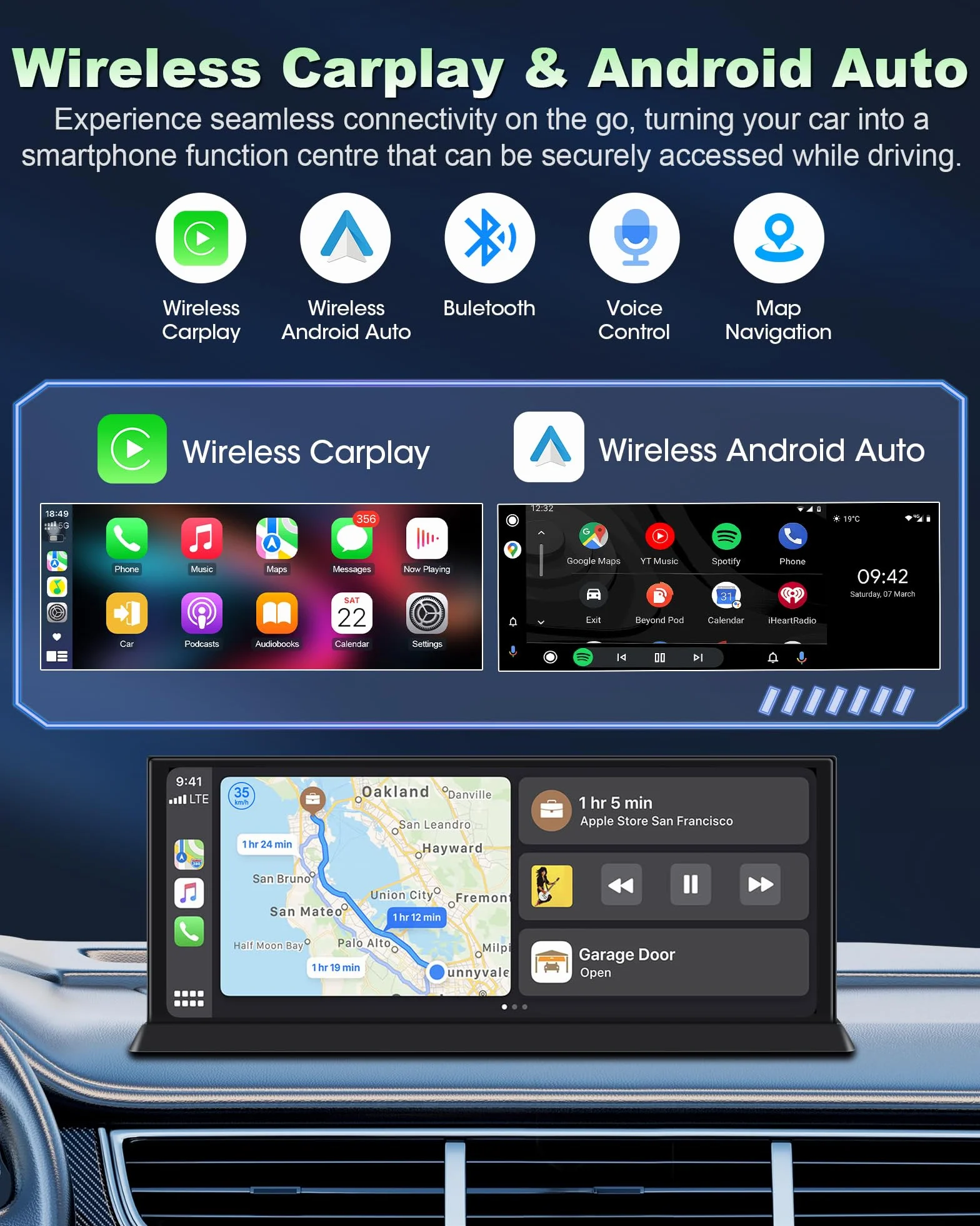Ekskluzywny wyświetlacz samochodowy 11,3 cala Carplay z systemem Android ze stabilnym uchwytem, bezprzewodowy wyświetlacz Car Play Buddy z podwójnym Bluetooth Siri/GOO-gle, nawigacja GPS do samochodów