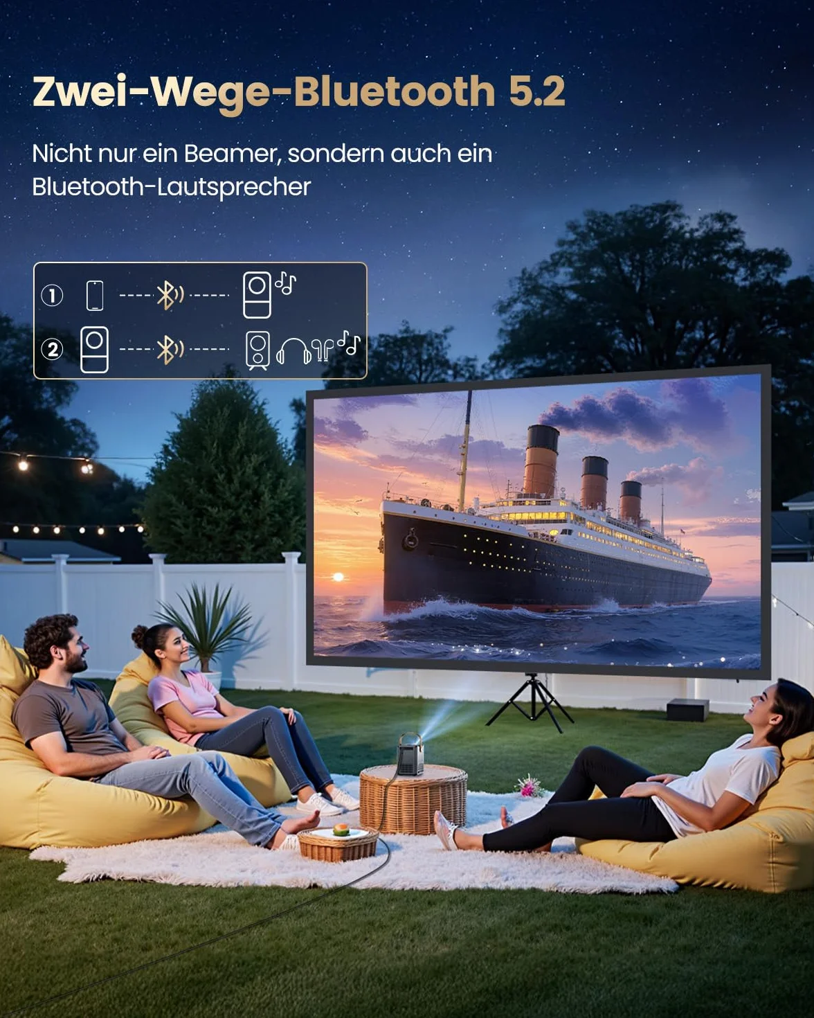 Mini projektor 4K [Netflix Official|Dolby Audio] inteligentny projektor z WiFi6 2-drożny Bluetooth Full HD 1080p, elektryczna ostrość, pionowa korekcja trapezu, projektor z krótką odległością