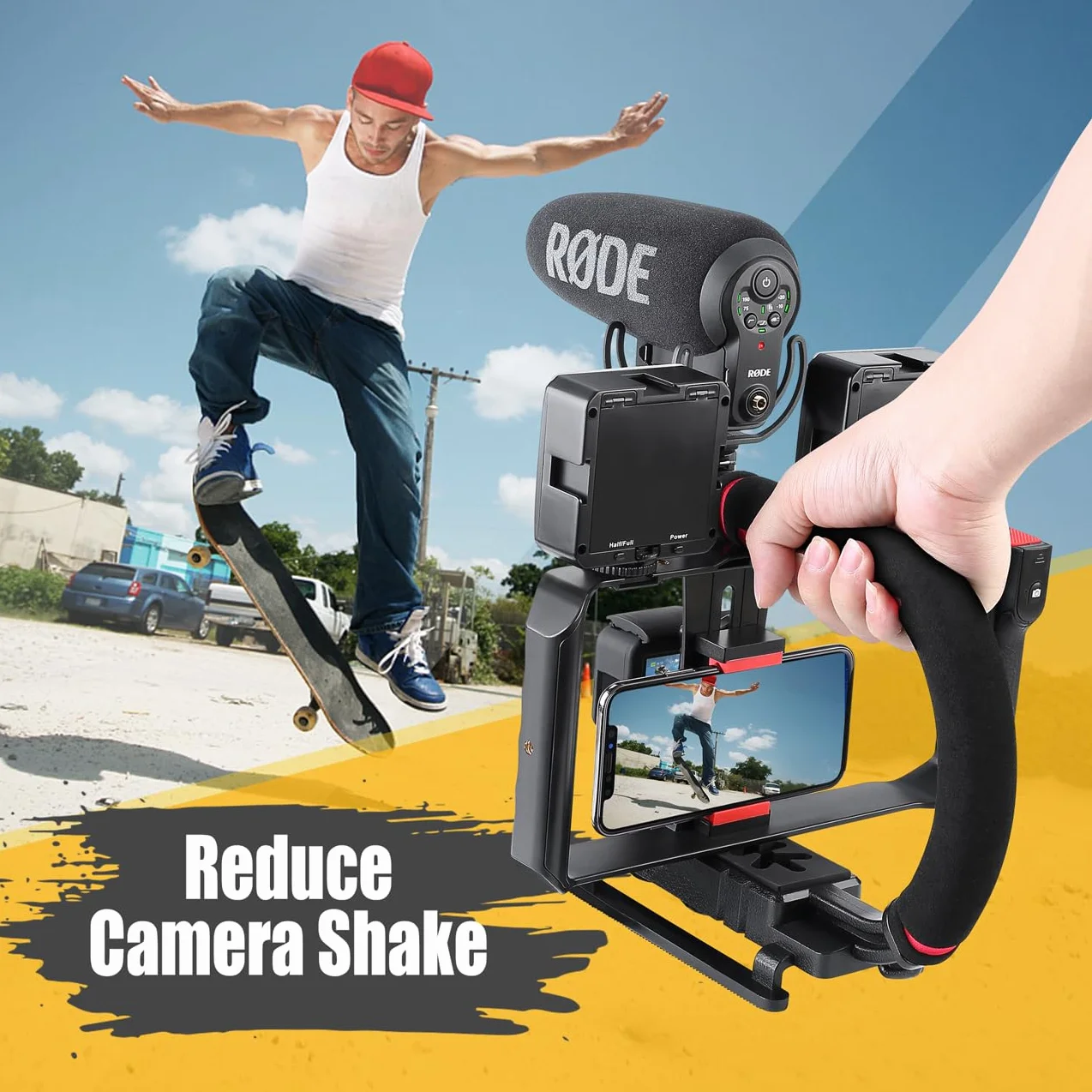 Zeadio Ręczny stabilizator wideo ze smartfonem klatka wideo, potrójny uchwyt zimnego buta kompatybilny ze wszystkimi kamerami akcji DSLR Smartphone