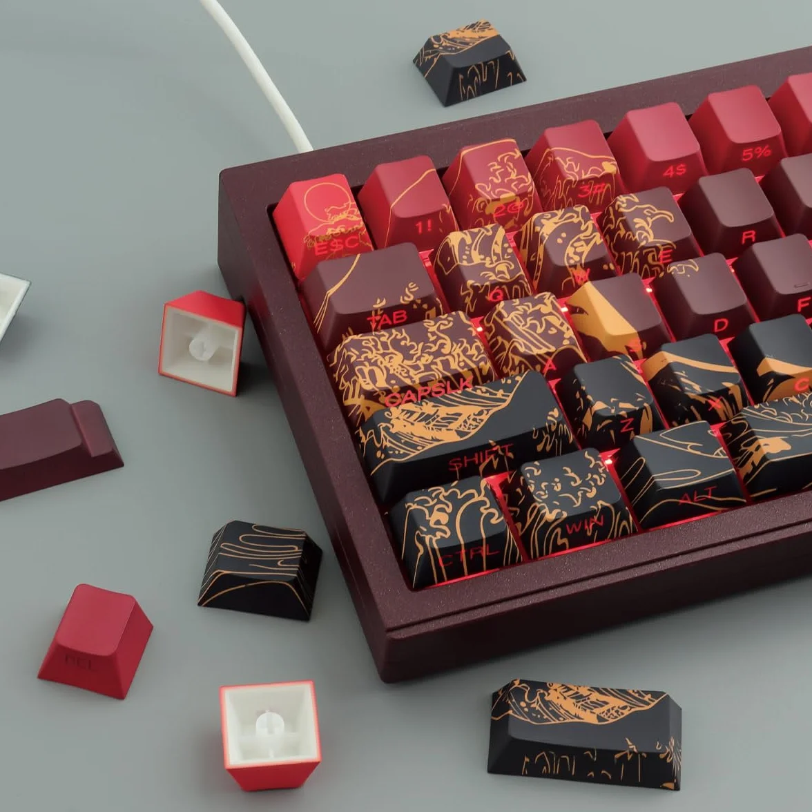 PBT Custom Keycaps, 131 Red Ukiyo-e Keycap Cherry Profile Dye-Sublimation Shine-Through Side Engraved Transparent Keycaps for Cherry Gateron MX Switches Mechanical Keyboards